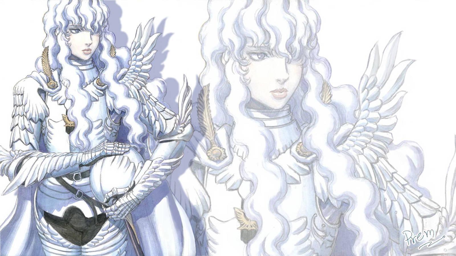 Berserk 4K：格里菲斯 壁紙 — 兩個飄逸白髮、長有羽毛翅膀的空靈天使形象，立於寧靜的黑白插畫中。