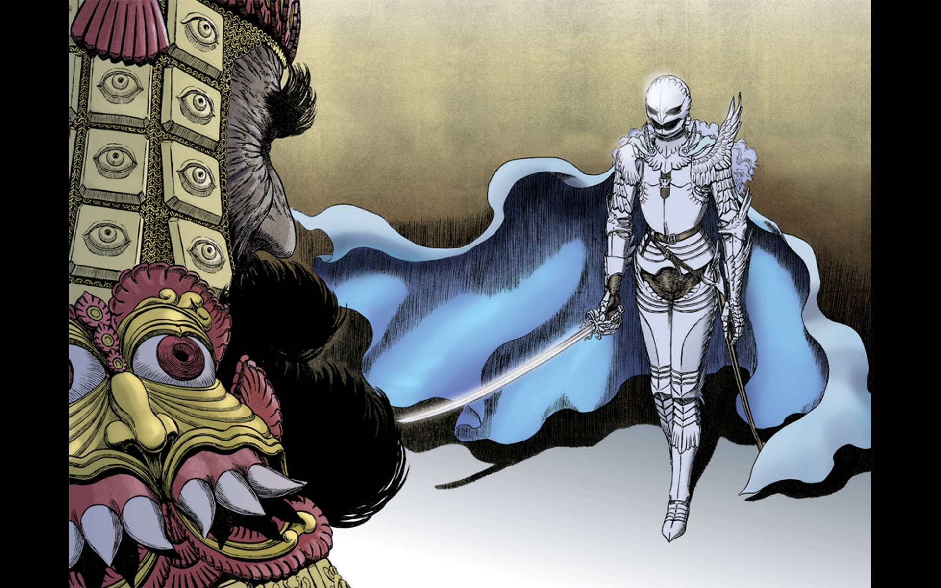 Berserk 4K：格里菲斯身穿白色盔甲 壁紙 — 一位身穿白色盔甲、披著藍色斗篷的騎士，在一個佈滿多隻眼睛和尖牙的怪物面前擺好架勢。