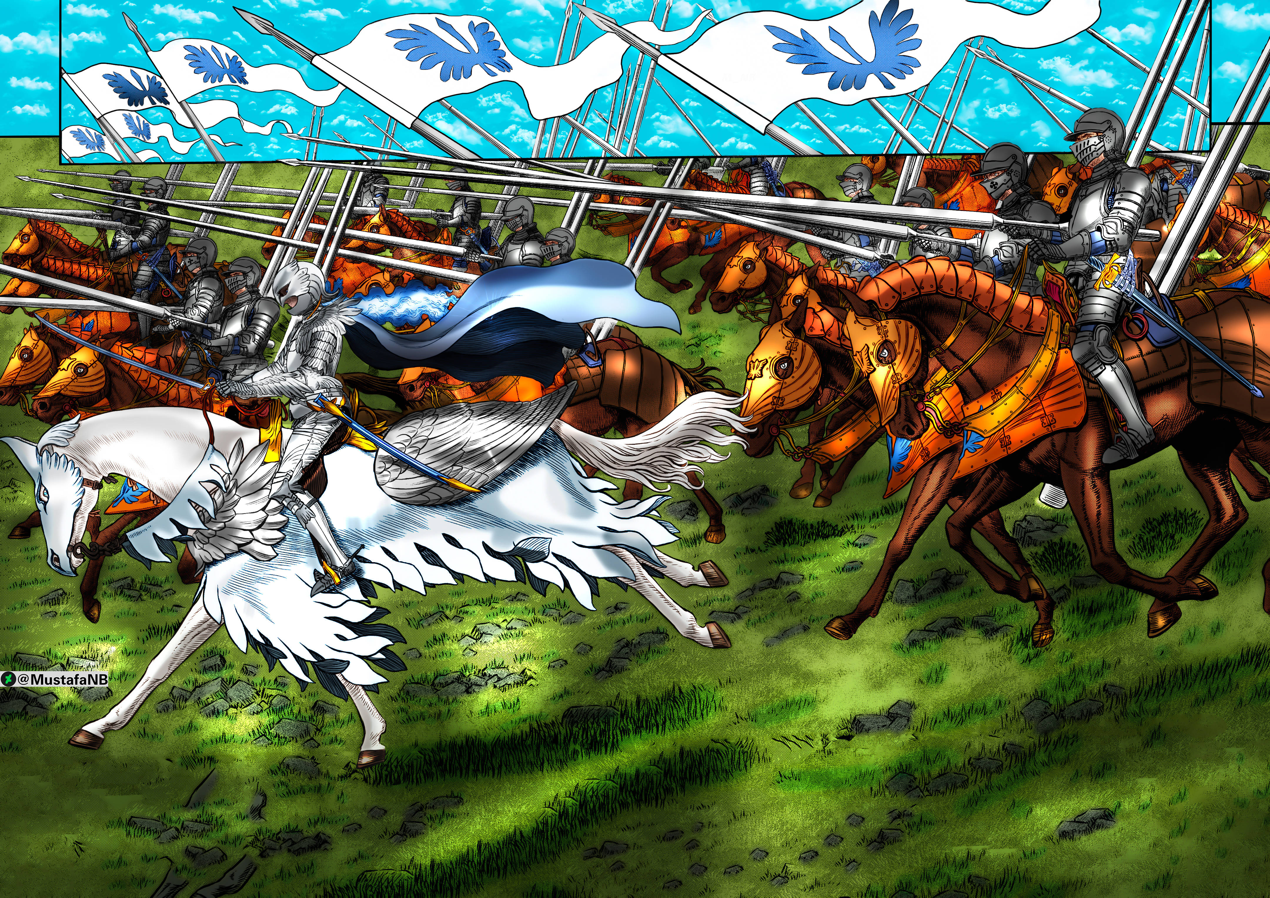 Berserk 4K：格里菲斯騎白馬 壁紙 — 一場動態的中世紀騎兵衝鋒，身穿銀色盔甲的騎士騎著白色和棕色的馬匹，在藍天下的一片草地上交戰。