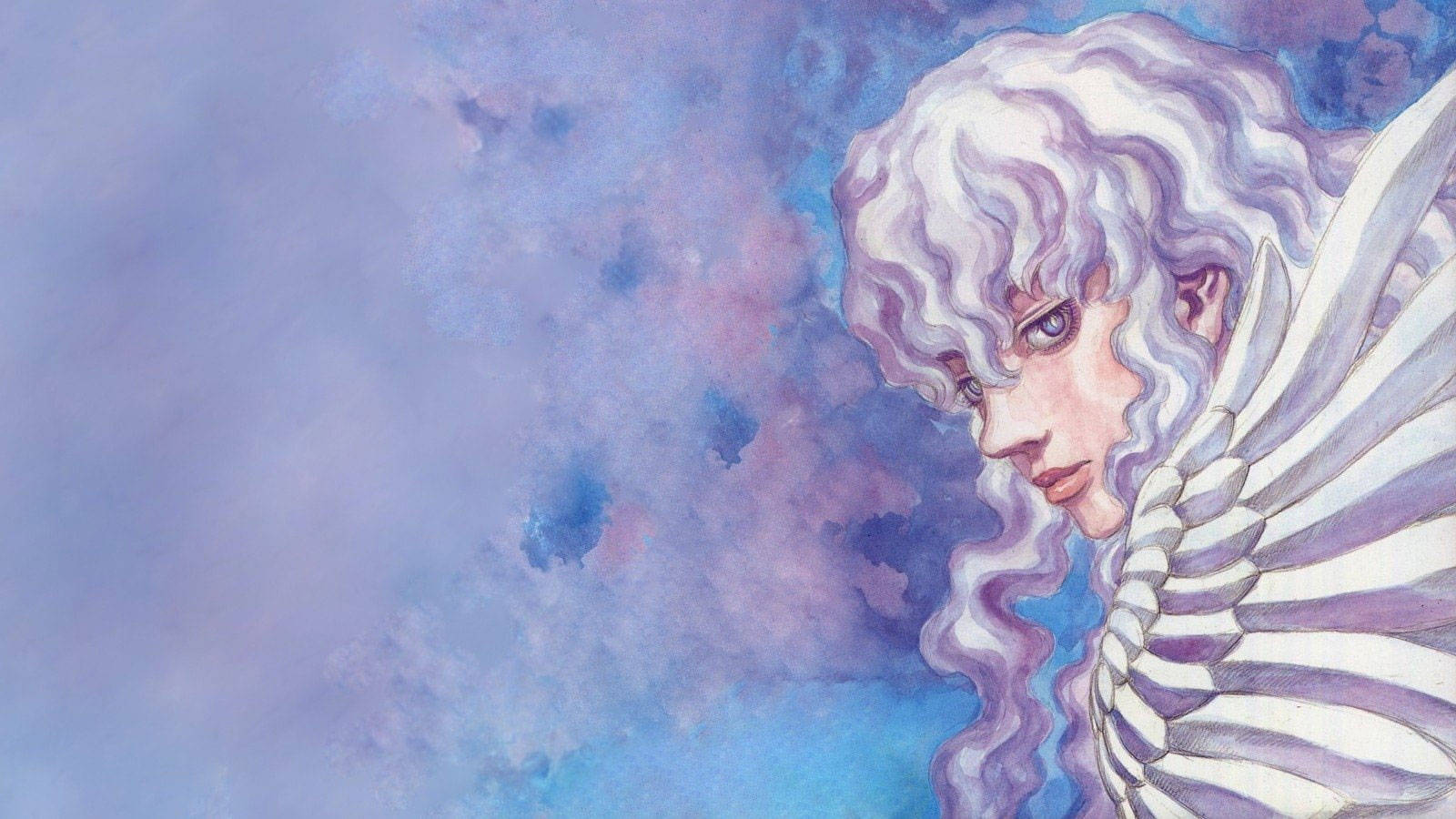在《Berserk》的世界中，惡魔與邪惡勢力遠多於人類。 壁紙 — 一幅水彩畫天使，擁有白色翅膀和捲曲頭髮，在柔和的紫色和藍色天空下若有所思地凝視。