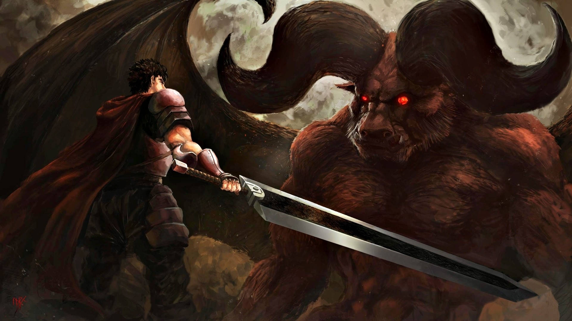 《Berserk》格斯對戰巨獸 壁紙 — 一名身穿紅色斗篷的戰士在暴風雨的天空下與一隻擁有發光紅眼的巨大有角惡魔對峙。