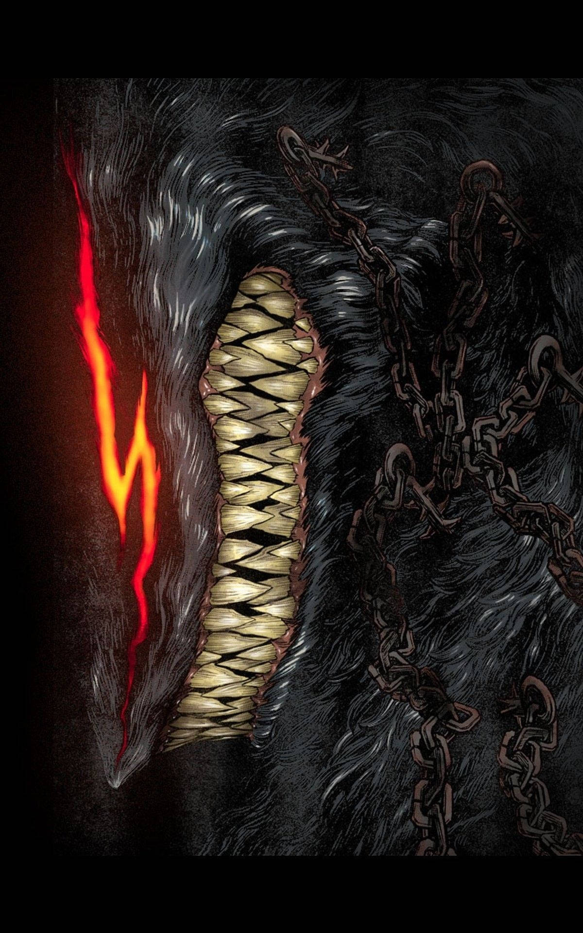 《Berserk》系列中的人與野獸 壁紙 — 一個被鎖鏈纏繞、擁有發光紅眼和尖牙的怪物，背景為黑色。