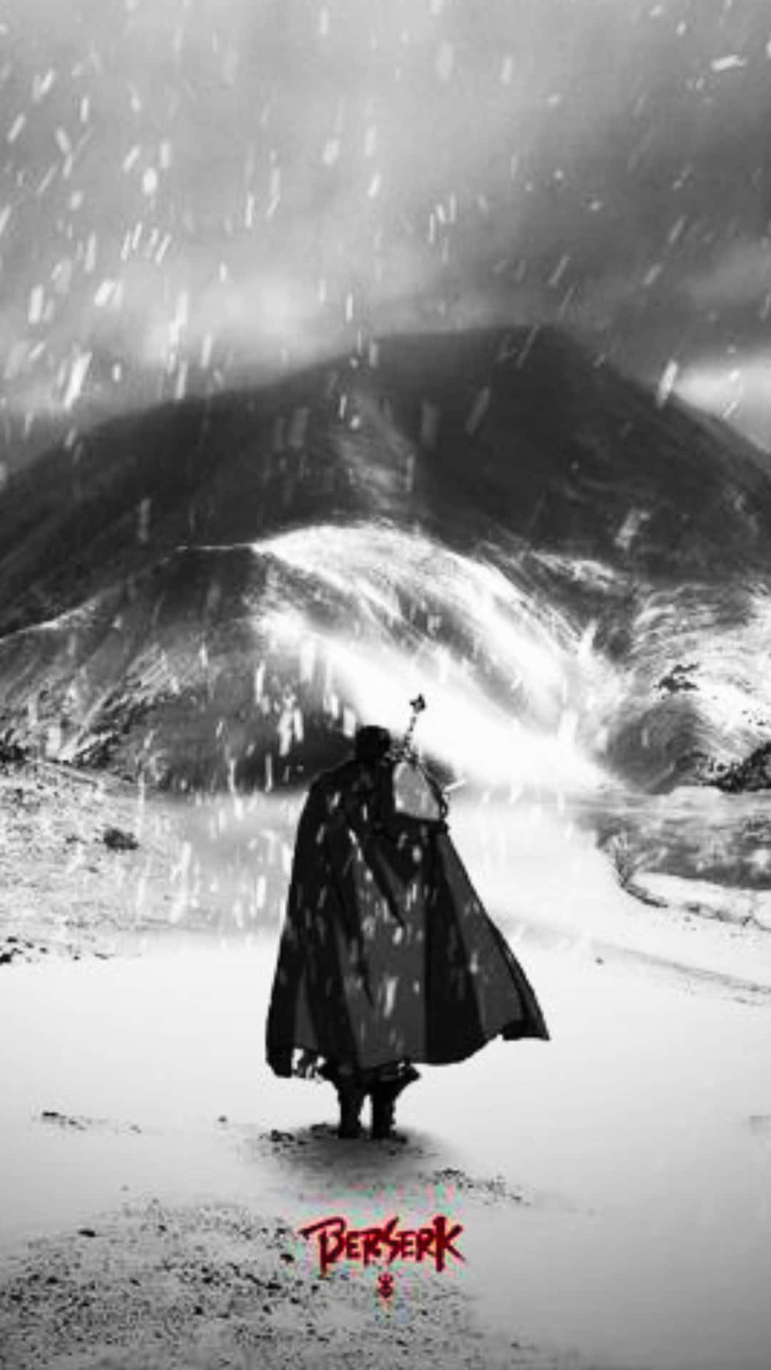 一個披風戰士手持劍，站在暴風雪中，面前是一座有發光裂縫的山峰。