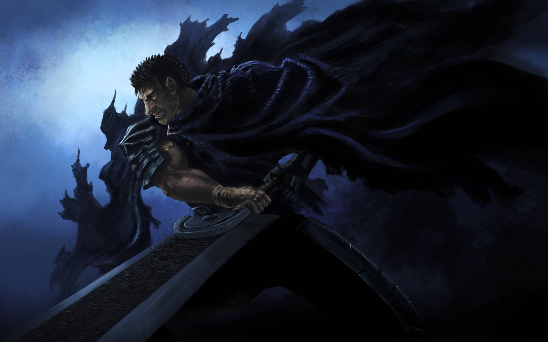 《Berserk》Guts 持劍 壁紙 — 一名身穿深色服裝的戰士，在暴風雨般的藍色背景下握著一把巨大的劍，表情兇狠。