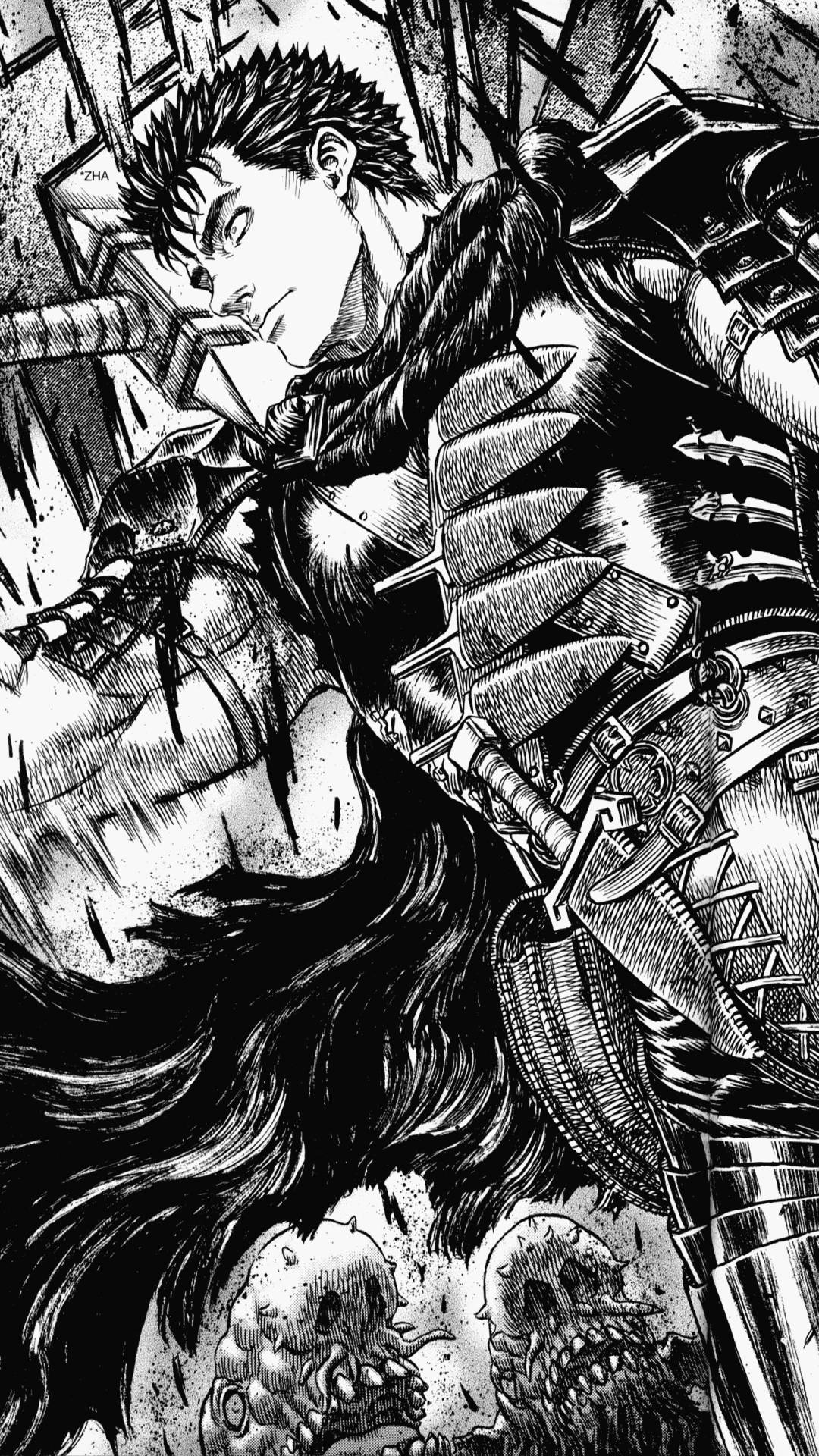 Berserk Guts 装甲细节 壁紙 — 一個黑白漫畫面板顯示一個尖刺頭髮的戰士穿著詳細的盔甲站在被擊敗的敵人之上，腳下有骷髏。