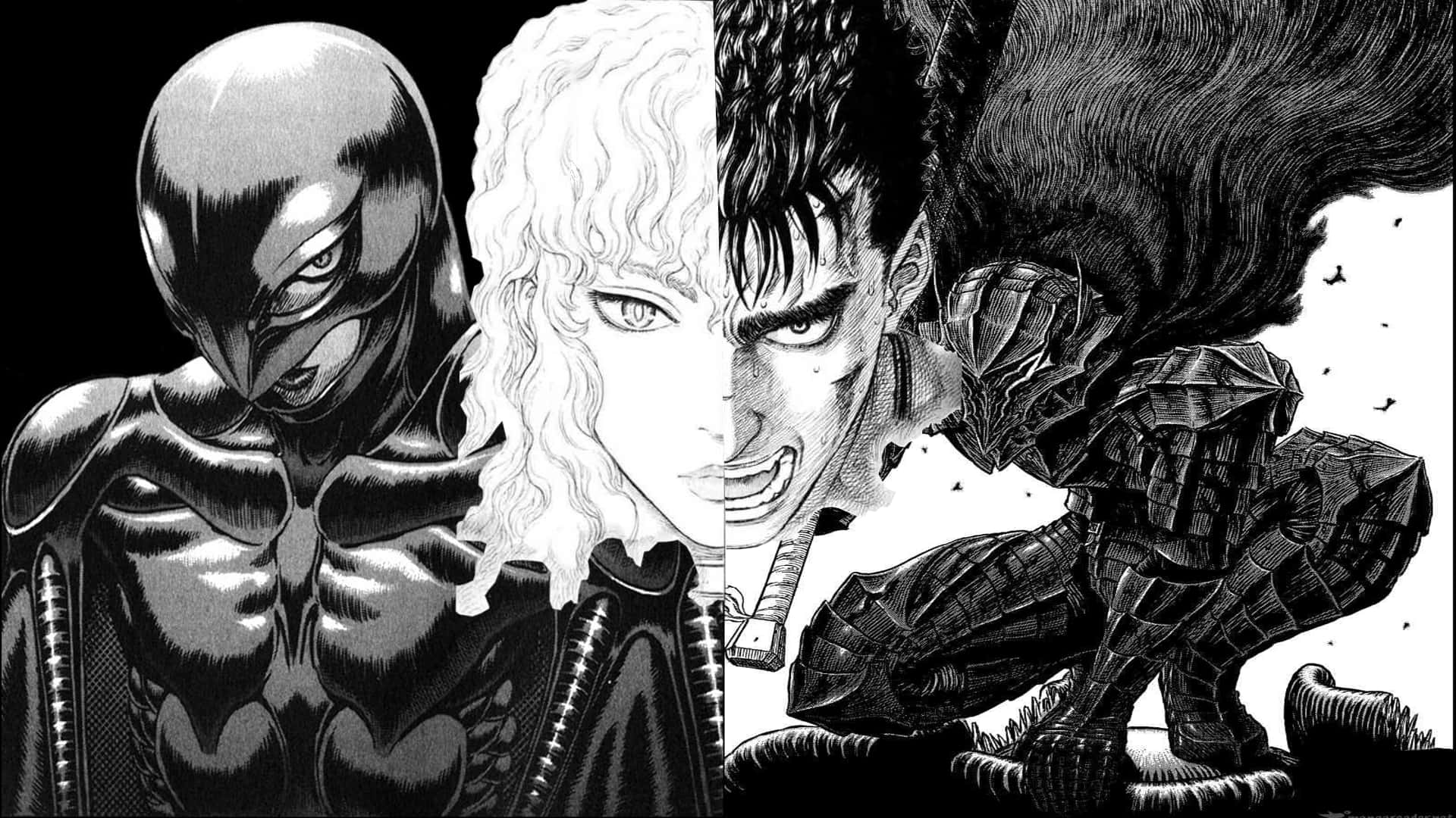經典《Berserk》漫畫藝術特寫 壁紙 — 三個黑白漫畫風格、表情戲劇化且陰影細緻的激烈動漫角色。