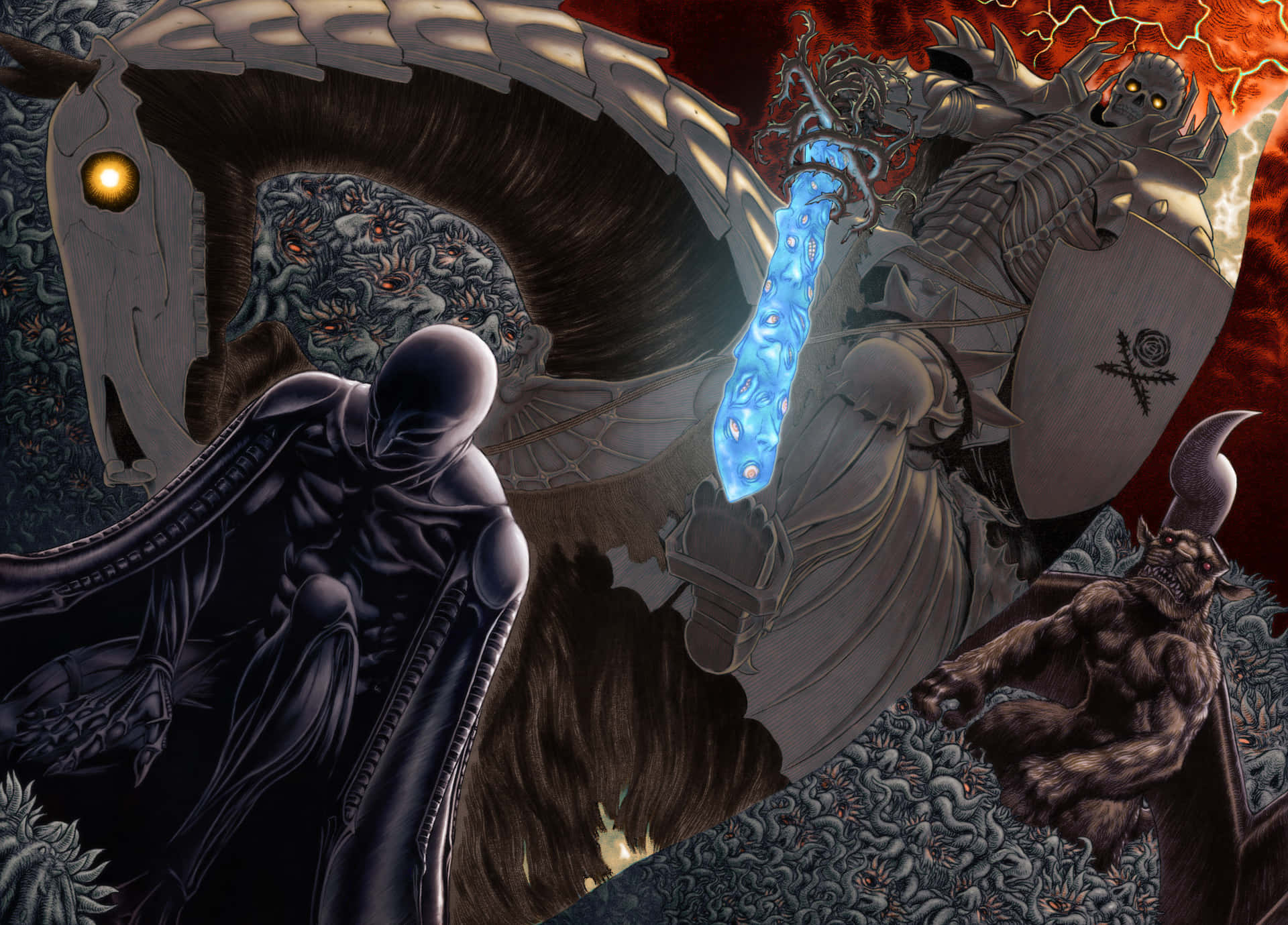 奇幻戰士在熾熱的地獄般景觀中與惡魔般的生物戰鬥。
