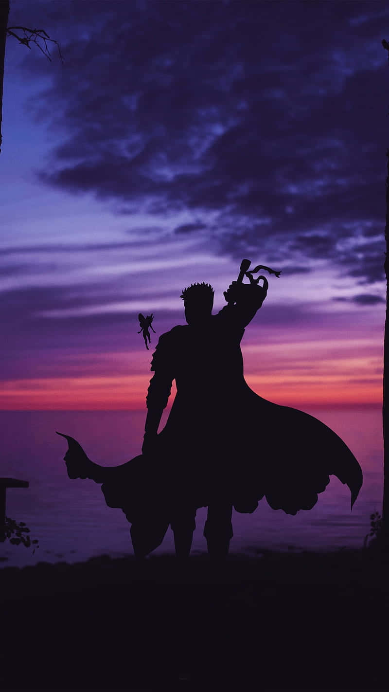 戰士剪影與仙子手持號角，夕陽下海洋之上