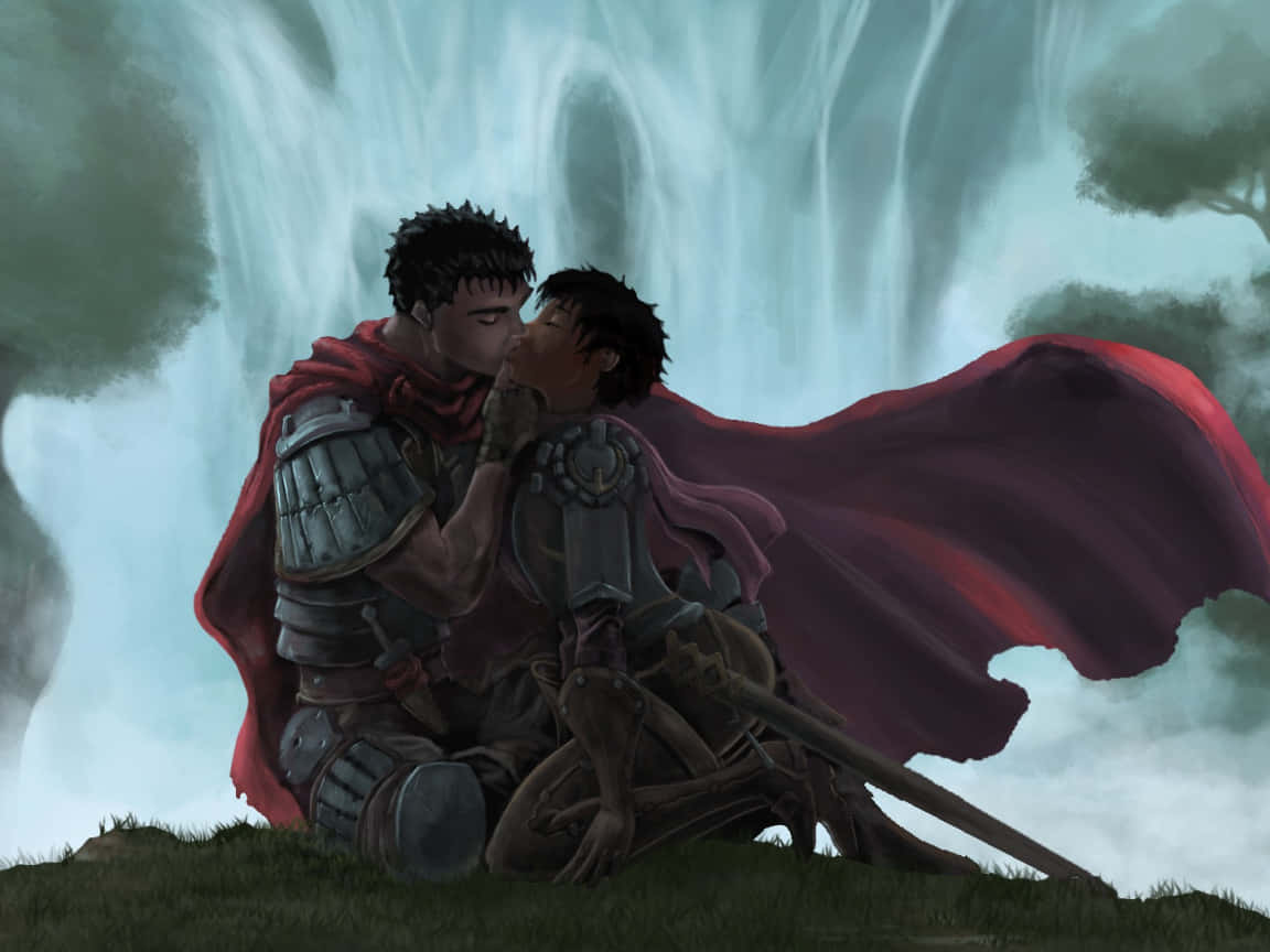 《Berserk》格斯與卡斯卡溫柔時刻 壁紙 — 兩名身穿紅色斗篷的裝甲戰士在霧氣繚繞的樹木環繞的瀑布下親吻。