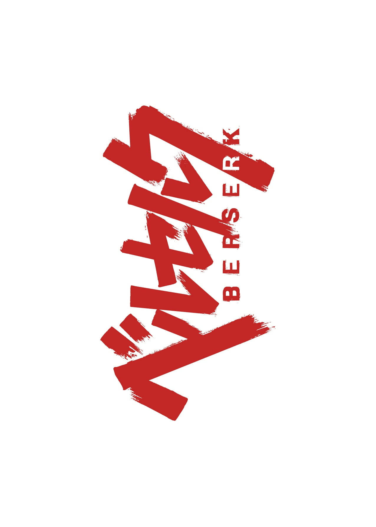 Berserk 標誌 橫向排列 壁紙 — 以白色背景為襯托，Berserk 的醒目紅色筆觸標誌，帶有日本漢字和英文文字。