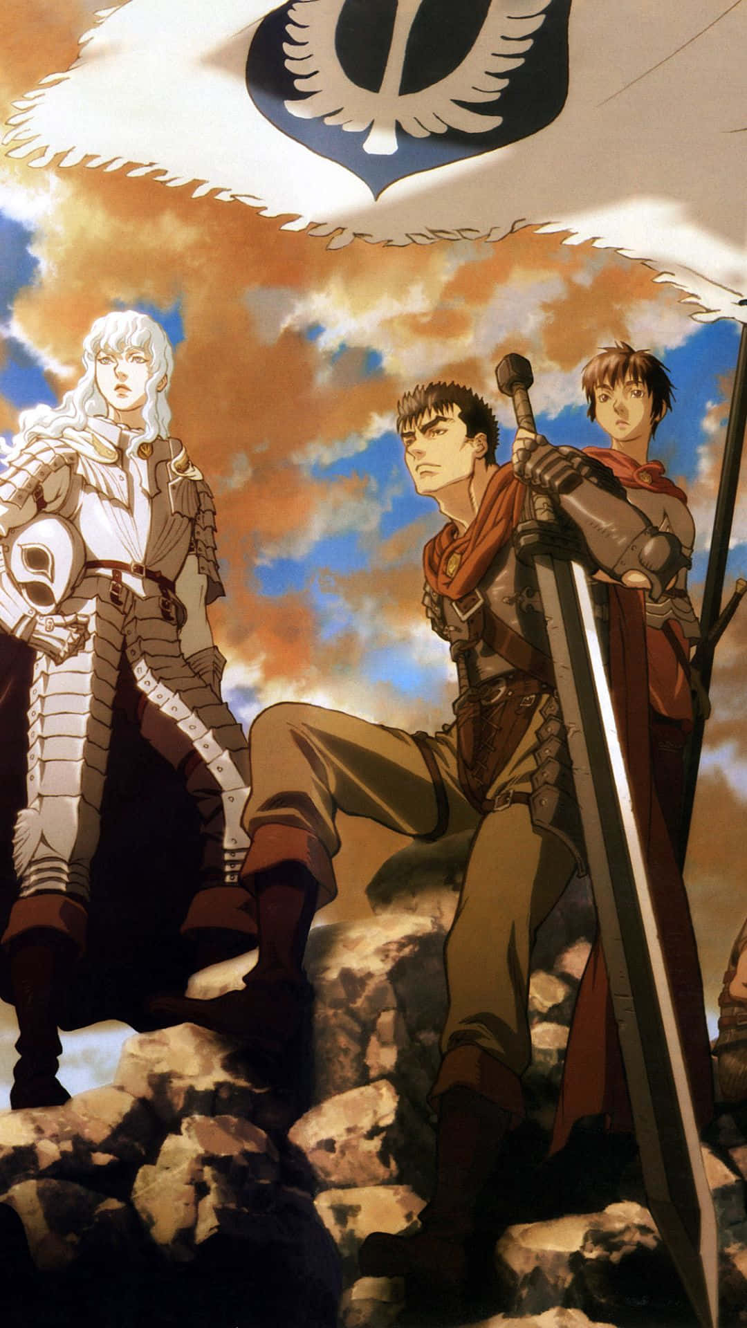 《Berserk》經典角色於 iPhone 屏幕上展示 壁紙 — 三名身穿鎧甲的動漫戰士站在岩石地形上，在破爛的旗幟下，背景是戲劇性的天空。