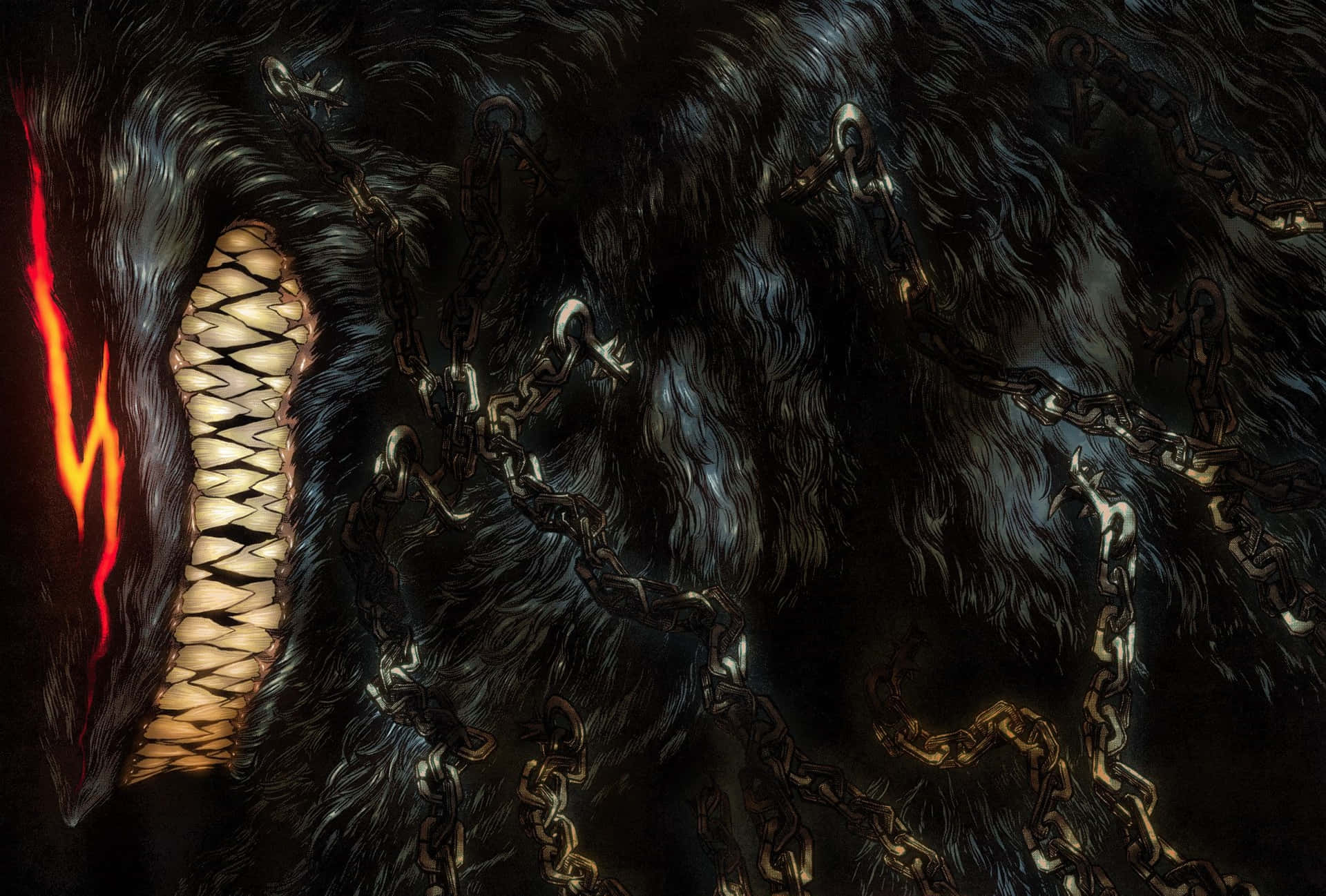 Berserk 裝甲格斯野獸鏈條形態 壁紙 — 一隻毛茸茸的黑暗巨獸，身上纏繞著鎖鏈，雙眼發出紅光。