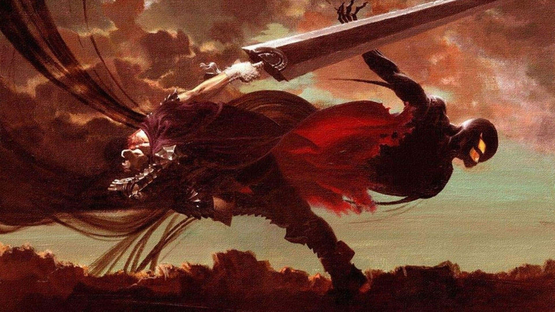 一名身穿暗色盔甲的戰士，披著紅色披風，在空中躍起揮劍對抗骷髏敵人。