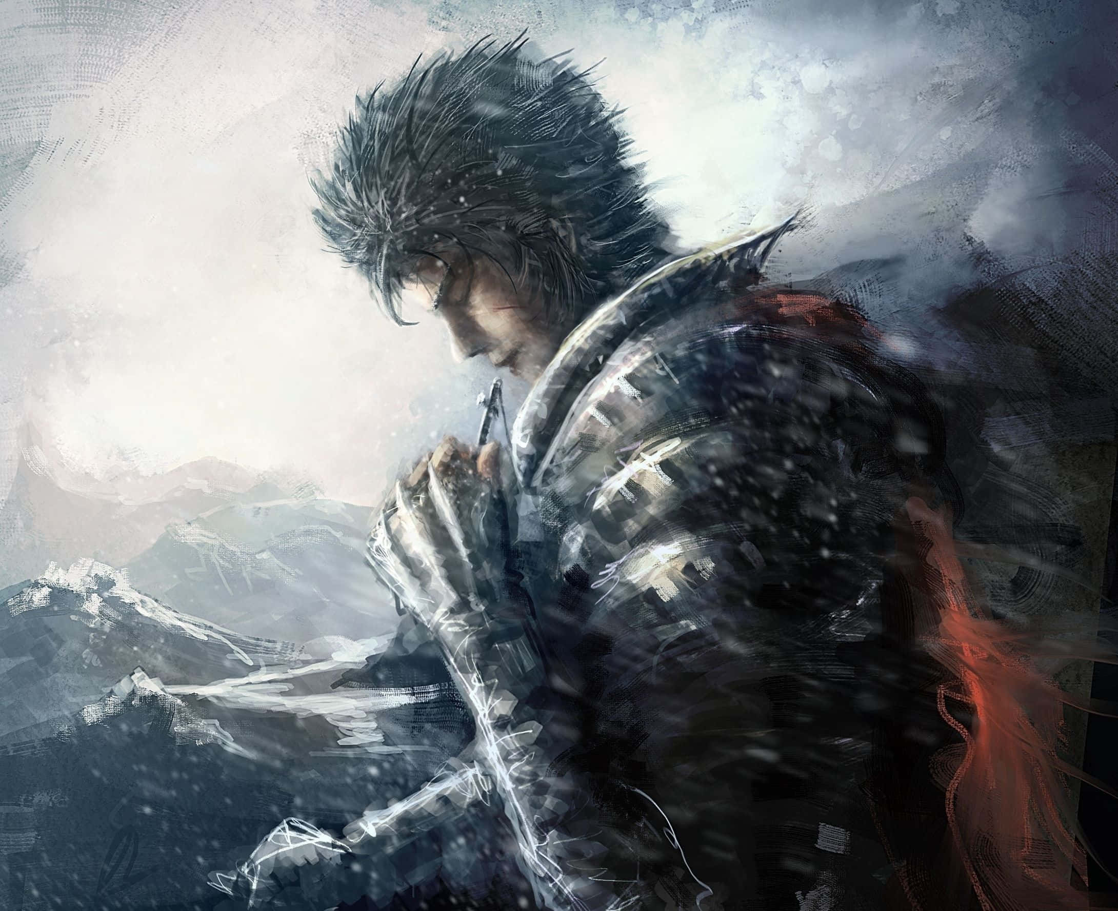《Berserk》iPhone：格斯於風雪中緊握項鍊 壁紙 — 一個身穿盔甲的孤獨戰士站在白雪皚皚的山景中，風吹動他的黑髮，他帶著莊嚴的表情向下凝視。