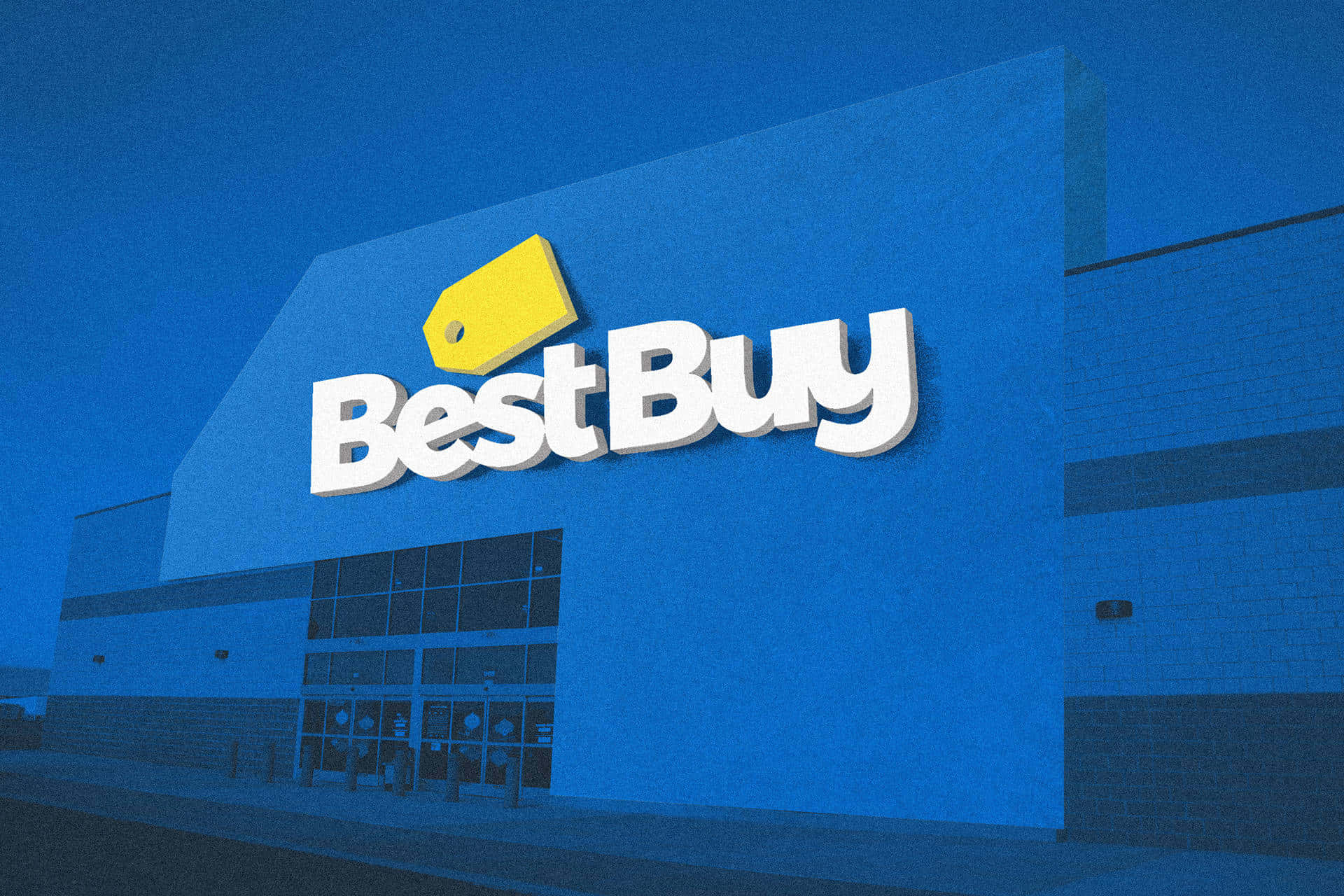 buy 桌布 壁紙 — Best Buy 商店外牆，採用大膽的藍色牆壁和標誌性的黃色價格標籤標誌，在晴朗的藍天下。