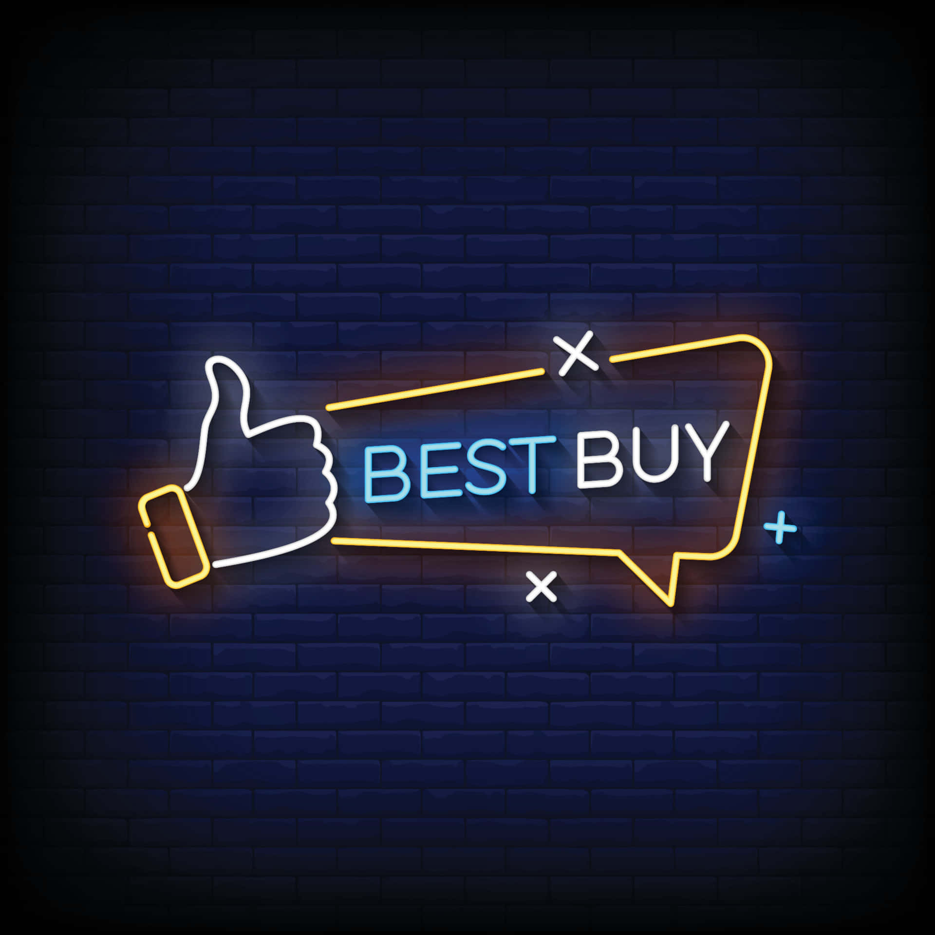 豎起大拇指的霓虹燈牌和磚牆上的 best buy 文字