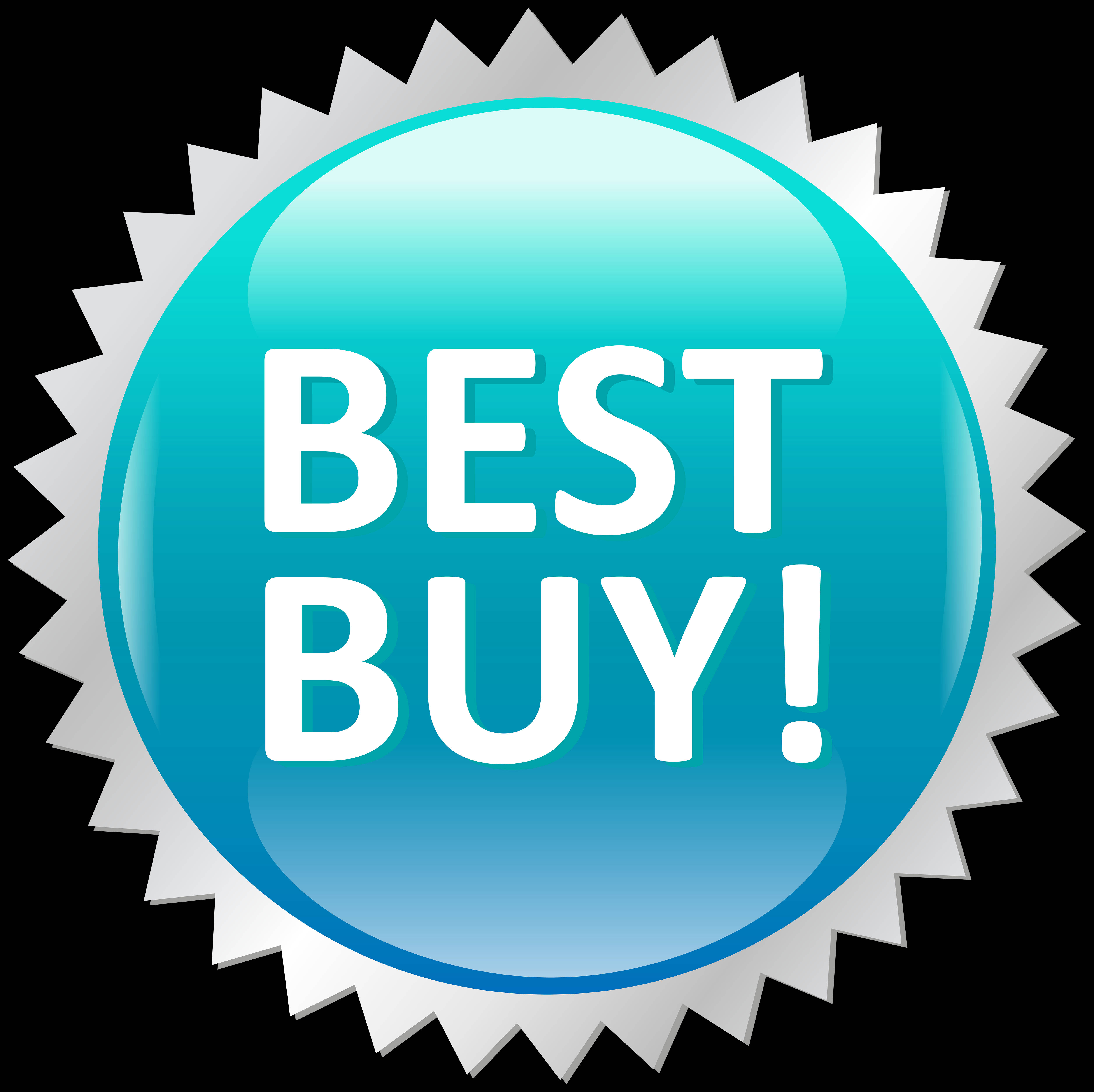 Best Buy各類電子產品 壁紙 — 一個閃亮的藍色圓形徽章，上面有白色文字寫著「BEST BUY!」，周圍環繞著銀色鋸齒邊框。