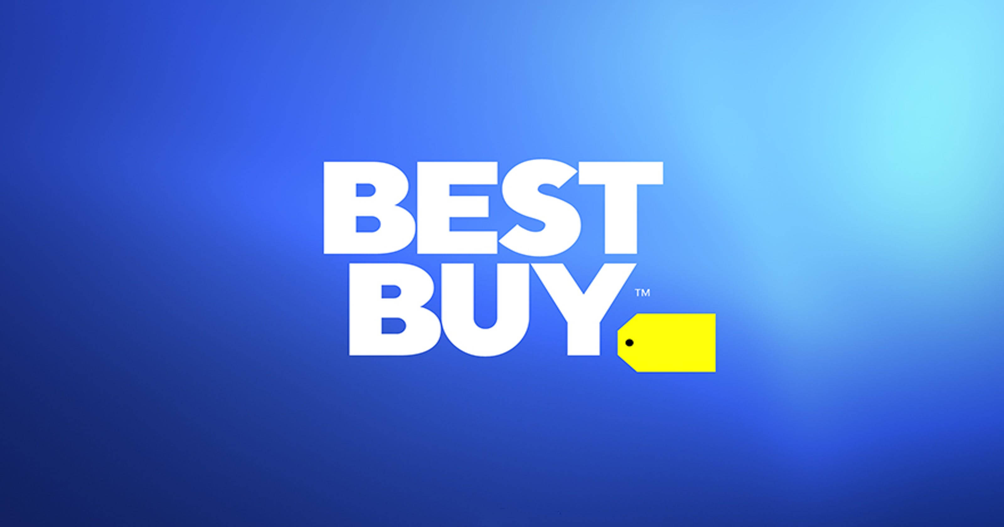 Best Buy藍色品牌標誌 壁紙 — 粗體白色「BEST BUY」文字，中間有黃色標籤圖示，背景為藍色漸變。