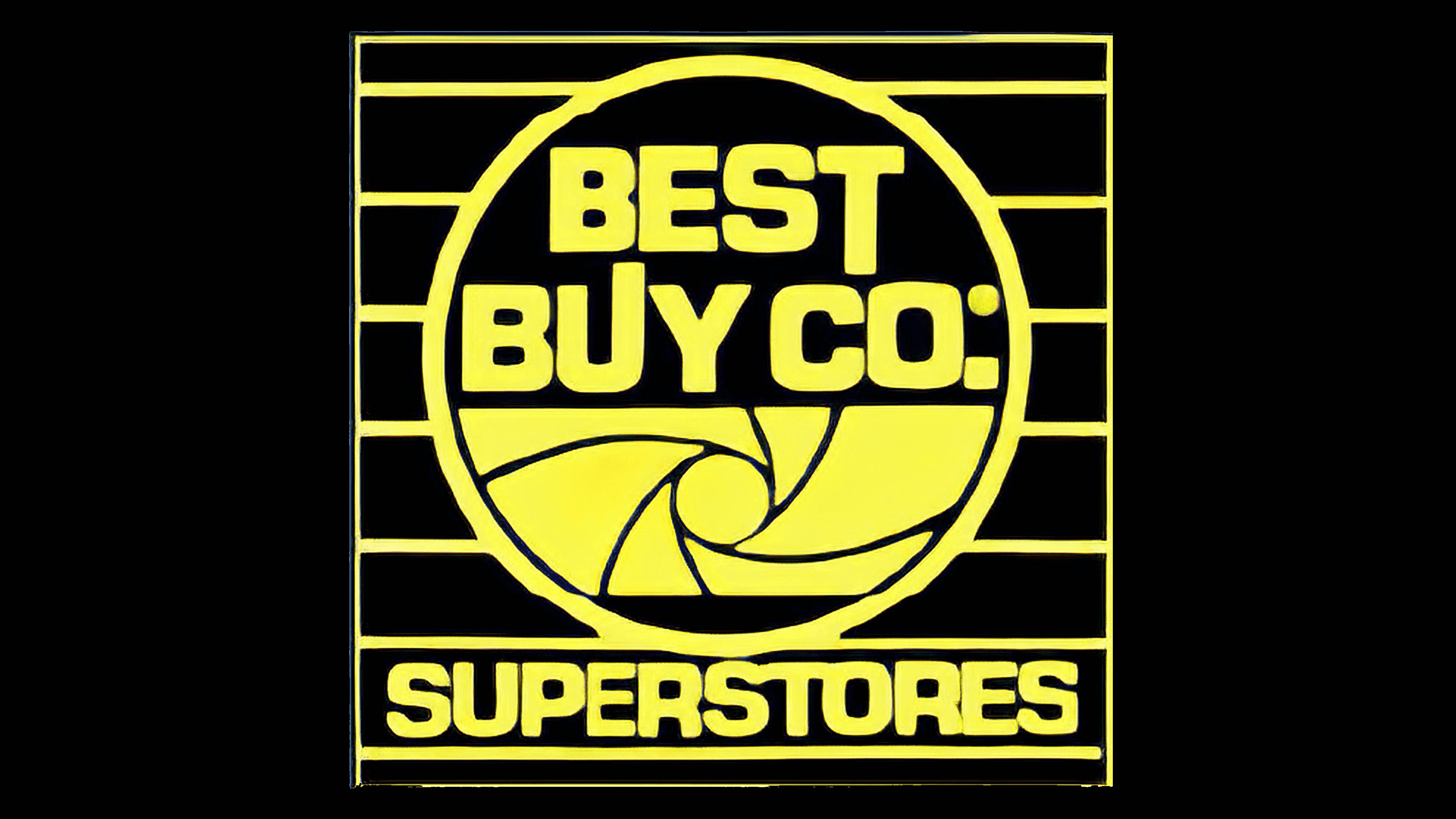 Best Buy購物體驗 壁紙 — Best Buy Co Superstores 在黑色背景上帶有水平條紋的醒目黃色復古標誌。