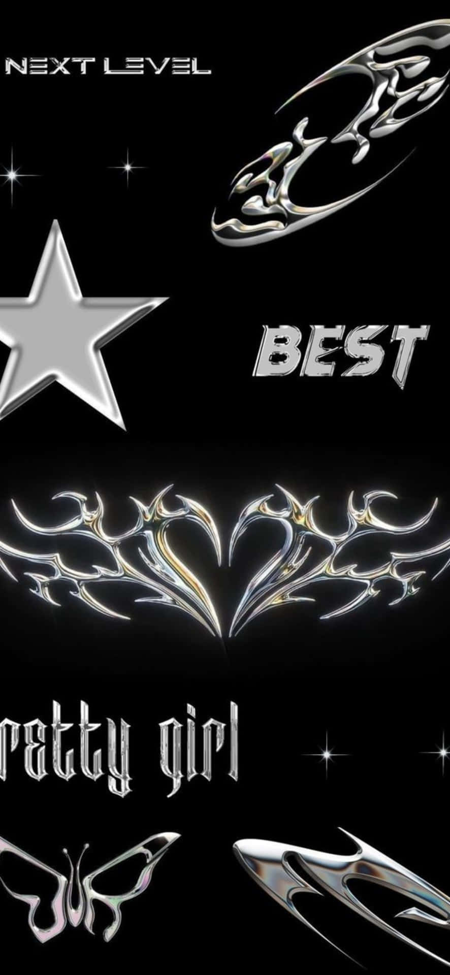  壁紙 — 閃亮的銀色金屬設計和文字，如「BEST」和「pretty girl」，在帶有星星的黑色背景上閃爍。