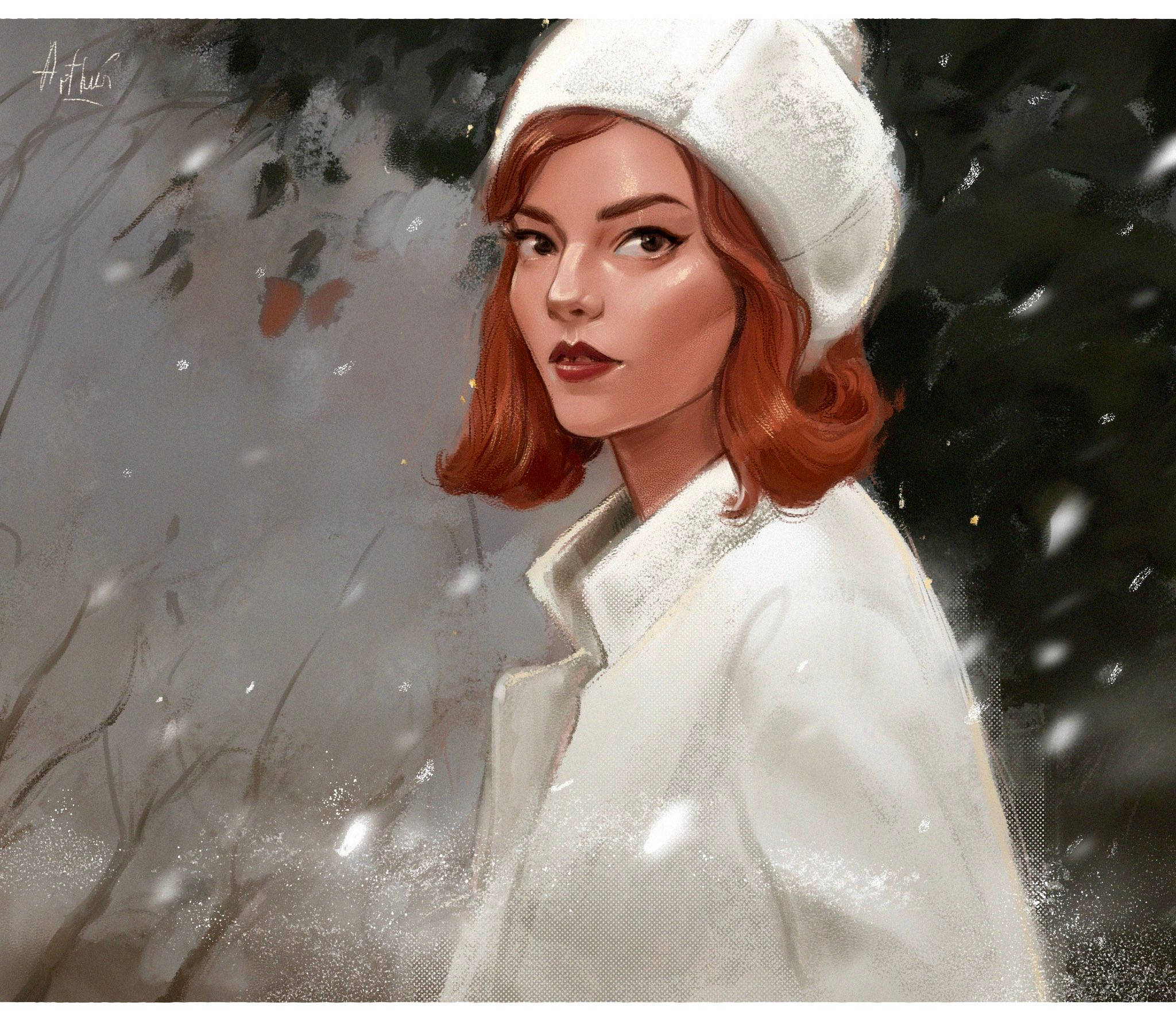 《女王的棋局》白皇后Beth藝術 壁紙 — 一位紅髮戴白帽的女子站在飄雪中，身穿白色外套，背景是黑暗的冬日景色。