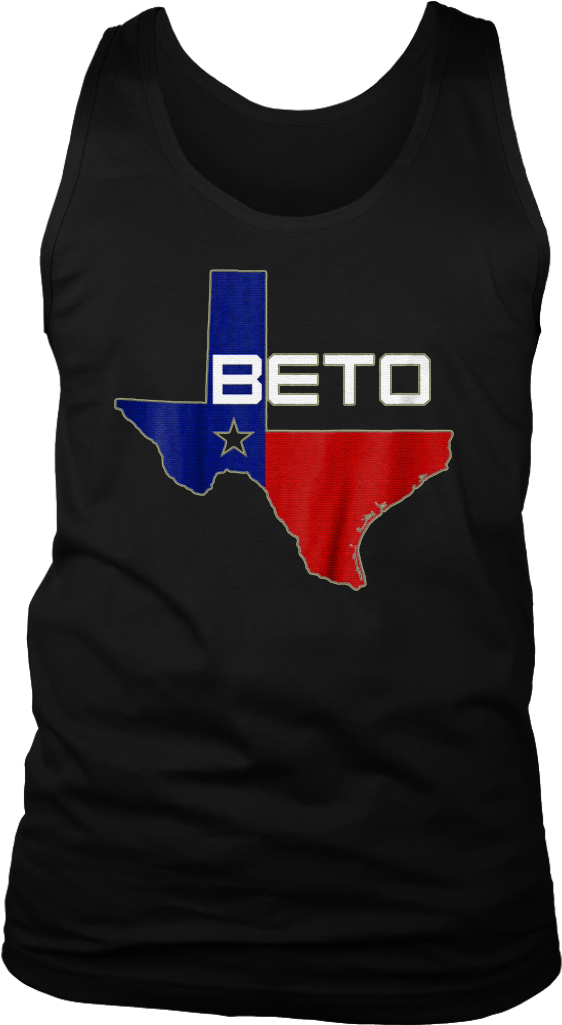 德克薩斯州旗幟「BETO」背心 壁紙 — 黑色背心，印有醒目的德州旗幟設計，並在州輪廓上寫有「BETO」字樣。