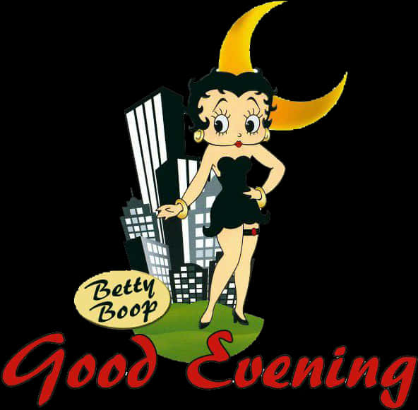 Betty Boop城市夜景晚安圖 壁紙 — Betty Boop 身穿黑色連衣裙，自信地站在一片綠色草地上，摩天大樓上方有一彎新月，下方「Good Evening」字樣閃閃發光。