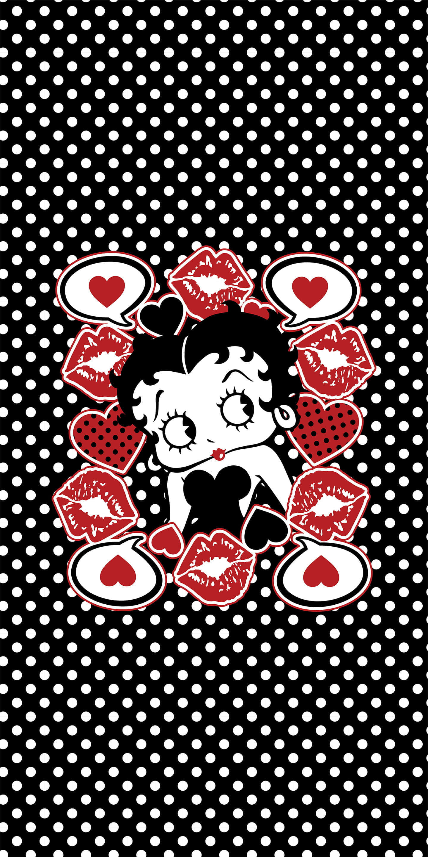 Black And White Dots 桌布 壁紙 — Betty Boop 被紅色心形和唇印包圍，背景為黑白圓點圖案。