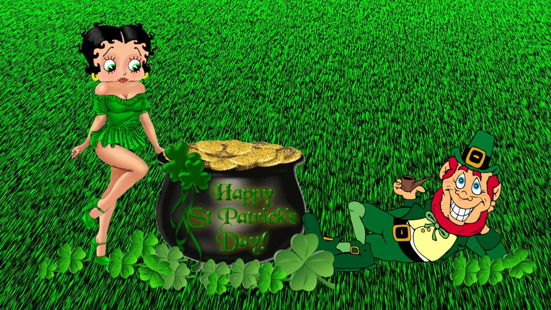 Saint Patricks Day 桌布 壁紙 — Betty Boop 身穿綠色連衣裙，站在一個小妖精和一個金鍋旁邊，背景是酢漿草田，慶祝聖帕特里克節。