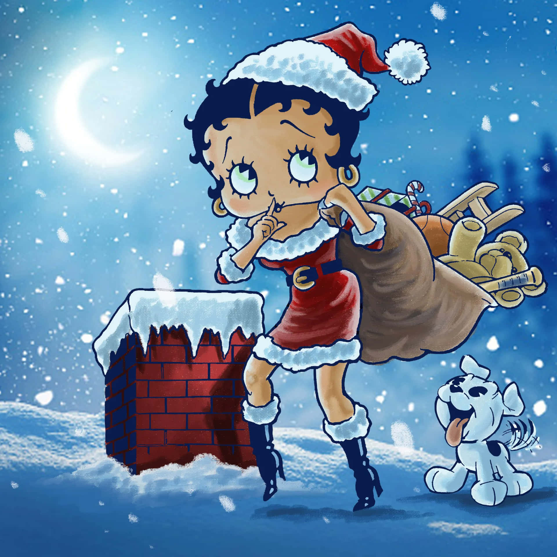Betty Boop 穿聖誕老人服裝，積雪煙囪旁，玩具袋和狗