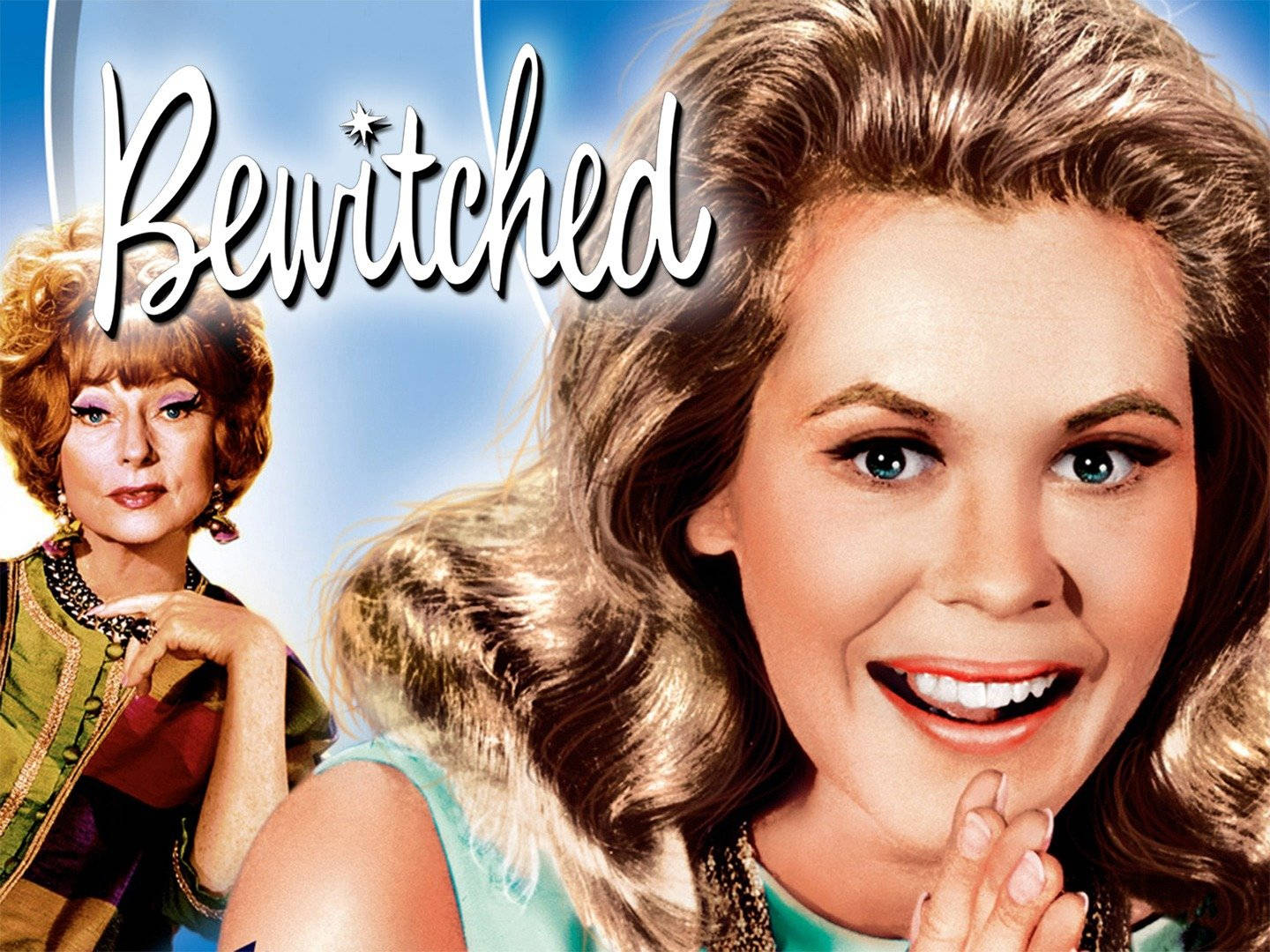 兩位穿著1960年代服裝的女性微笑，上方有「Bewitched」字樣。