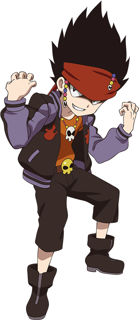 Beyblade動畫角色姿勢 壁紙 — 一個頭髮尖刺的動漫男孩，戴著紅色帽子和骷髏項鍊，在黑色背景前自信地擺姿勢。