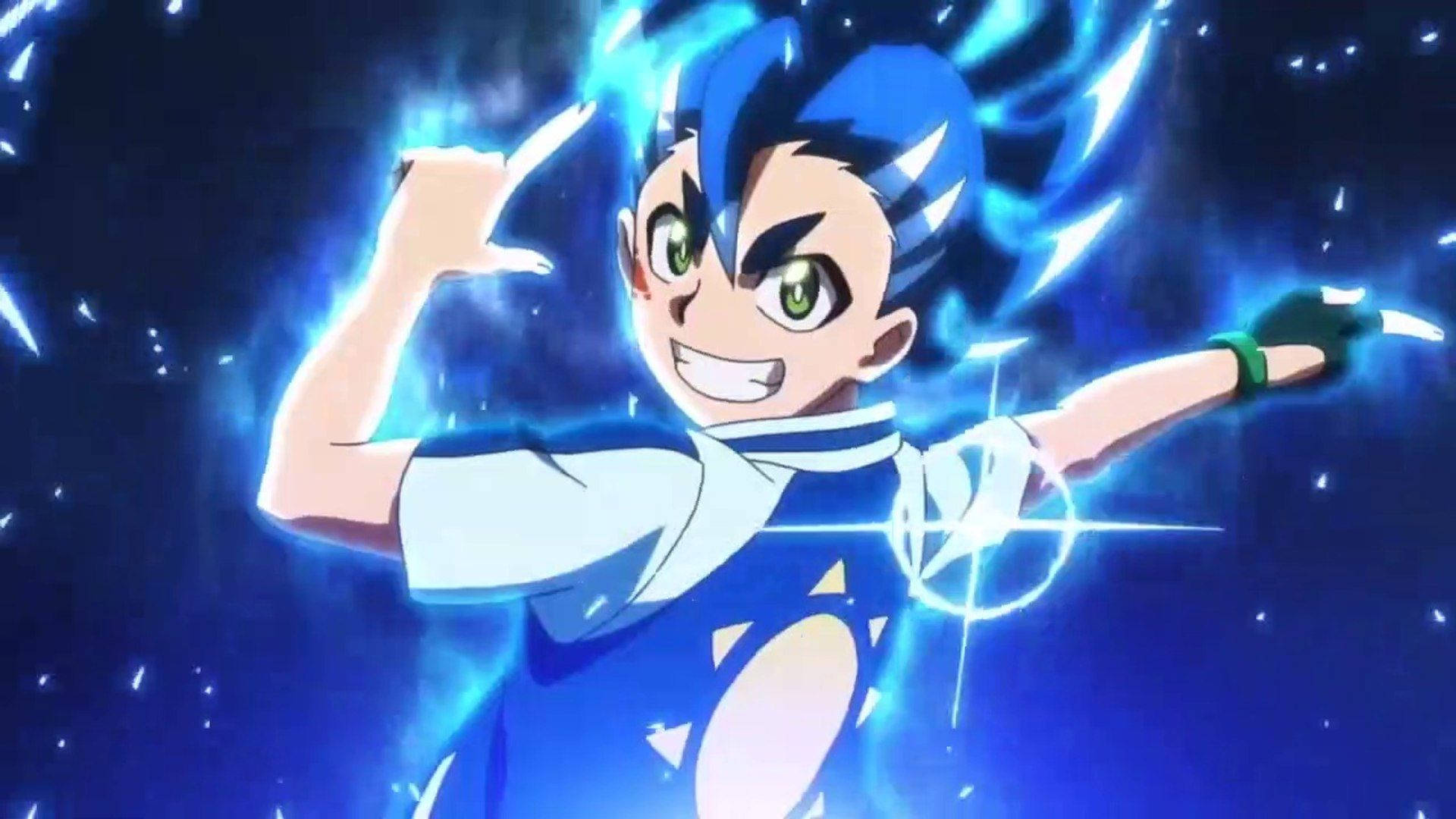 藍髮綠眼的動漫男孩在宇宙場景中散發電能。