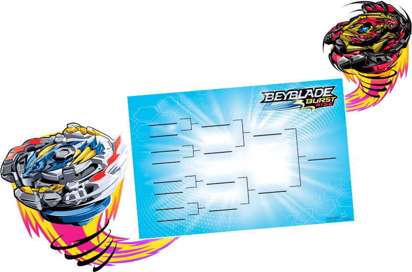 Beyblade Burst Rise 比賽淘汰表 壁紙 — 兩個色彩繽紛的Beyblade陀螺在帶有發光效果的錦標賽括號圖形周圍動態旋轉。