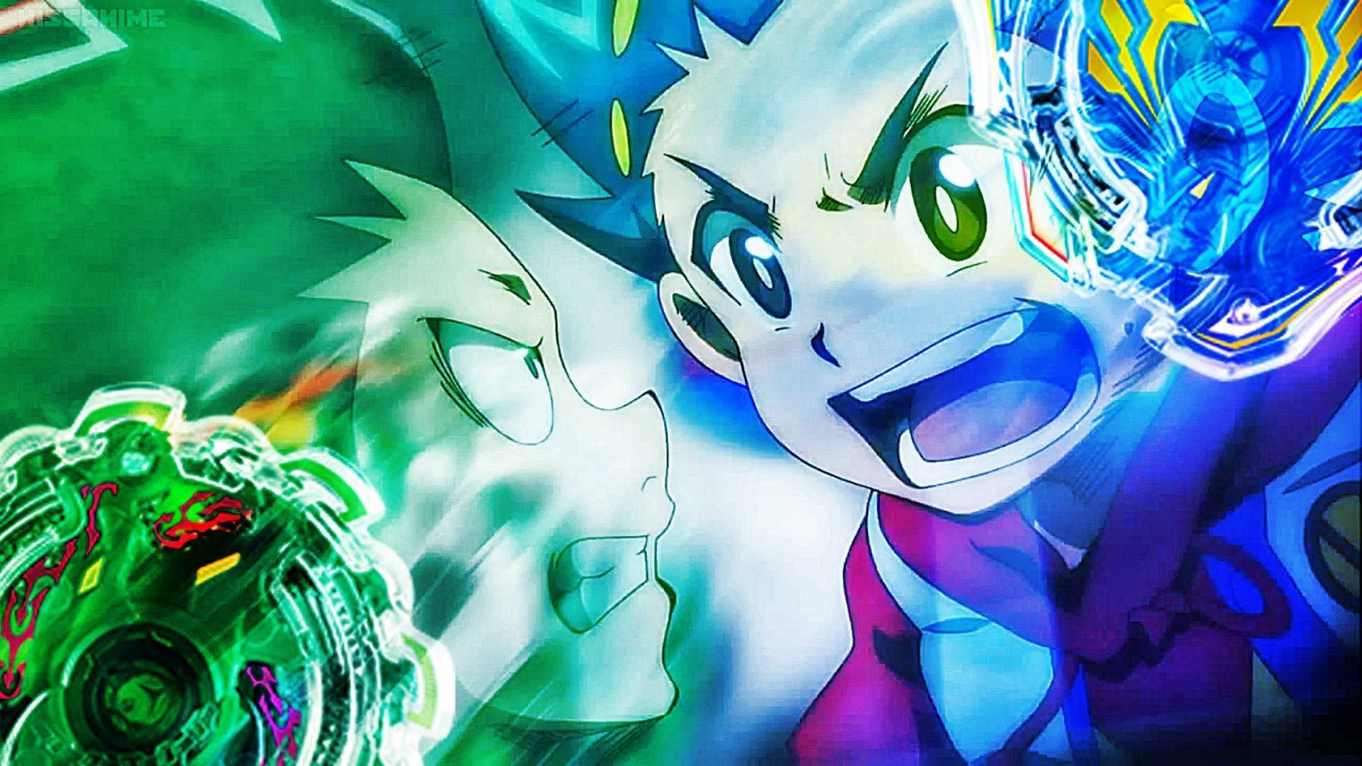 動漫男孩在發光刀刃的Beyblade戰鬥中歡呼。