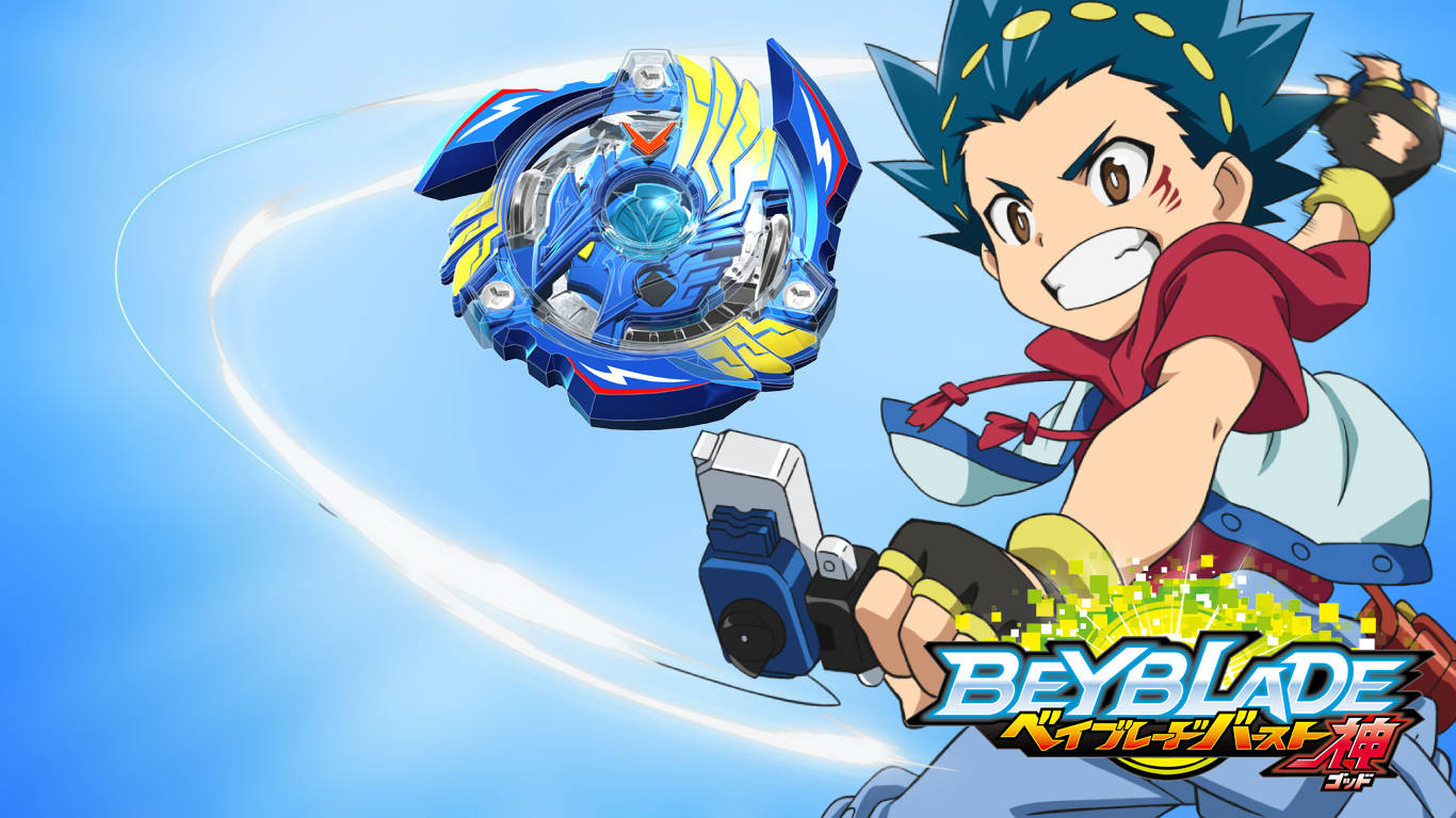 Beyblade Burst 世界冠軍 壁紙 — 一個堅定的動漫男孩穿著紅色襯衫，將藍黃色的Beyblade發射到明亮的藍天中，帶有運動軌跡。