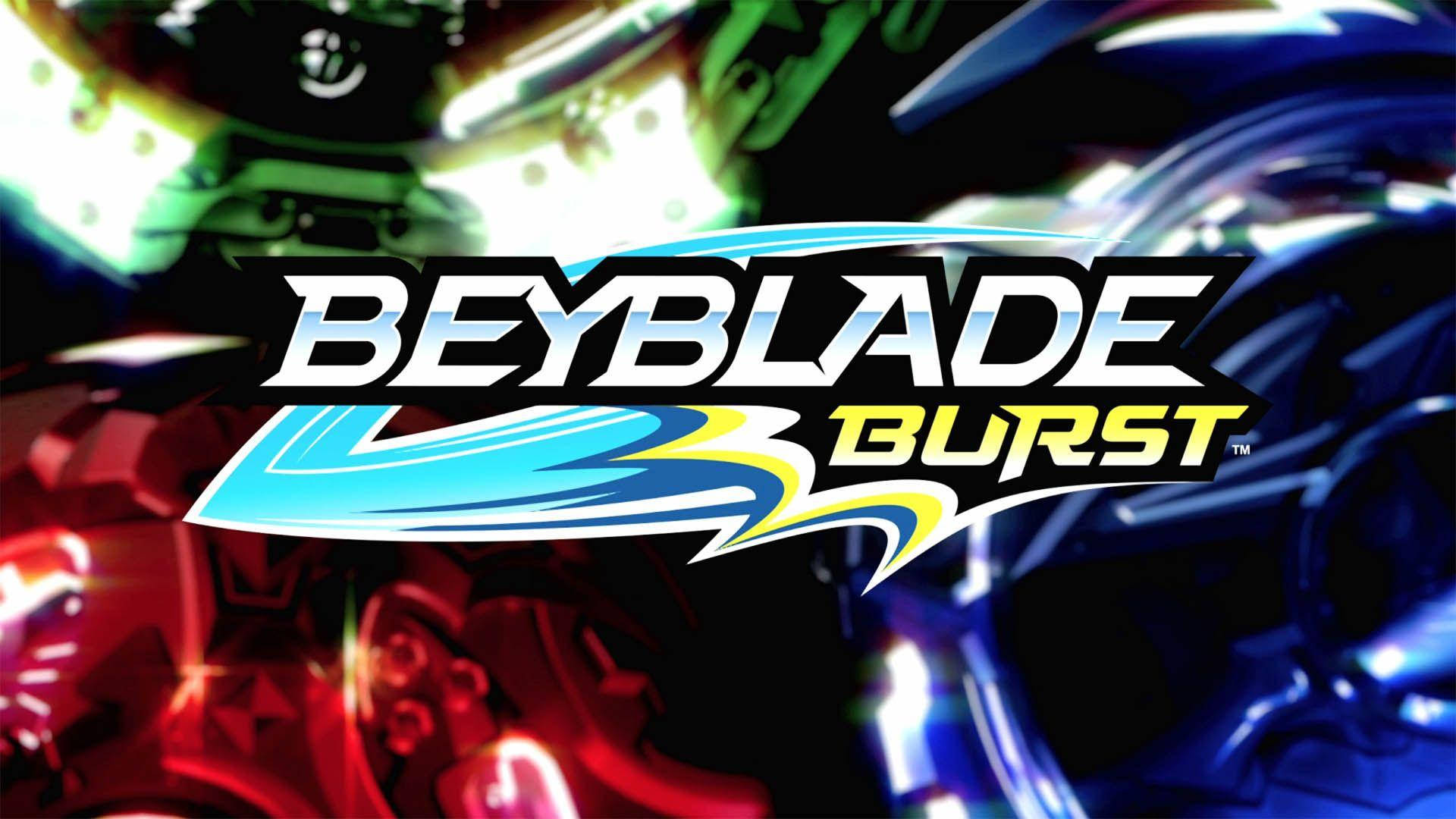 Beyblade Burst標誌，陀螺發出紅、藍、綠光。