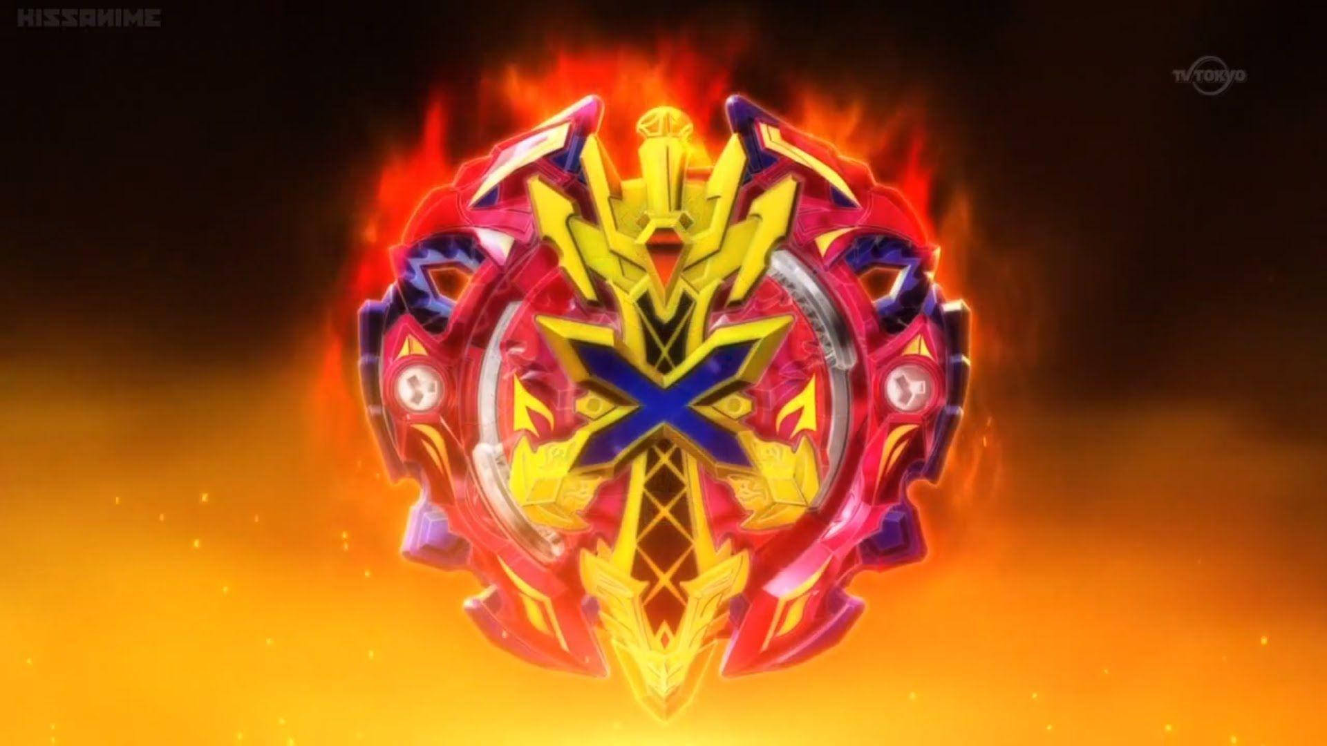 一個旋轉的Beyblade被火焰包圍，背景熾熱。