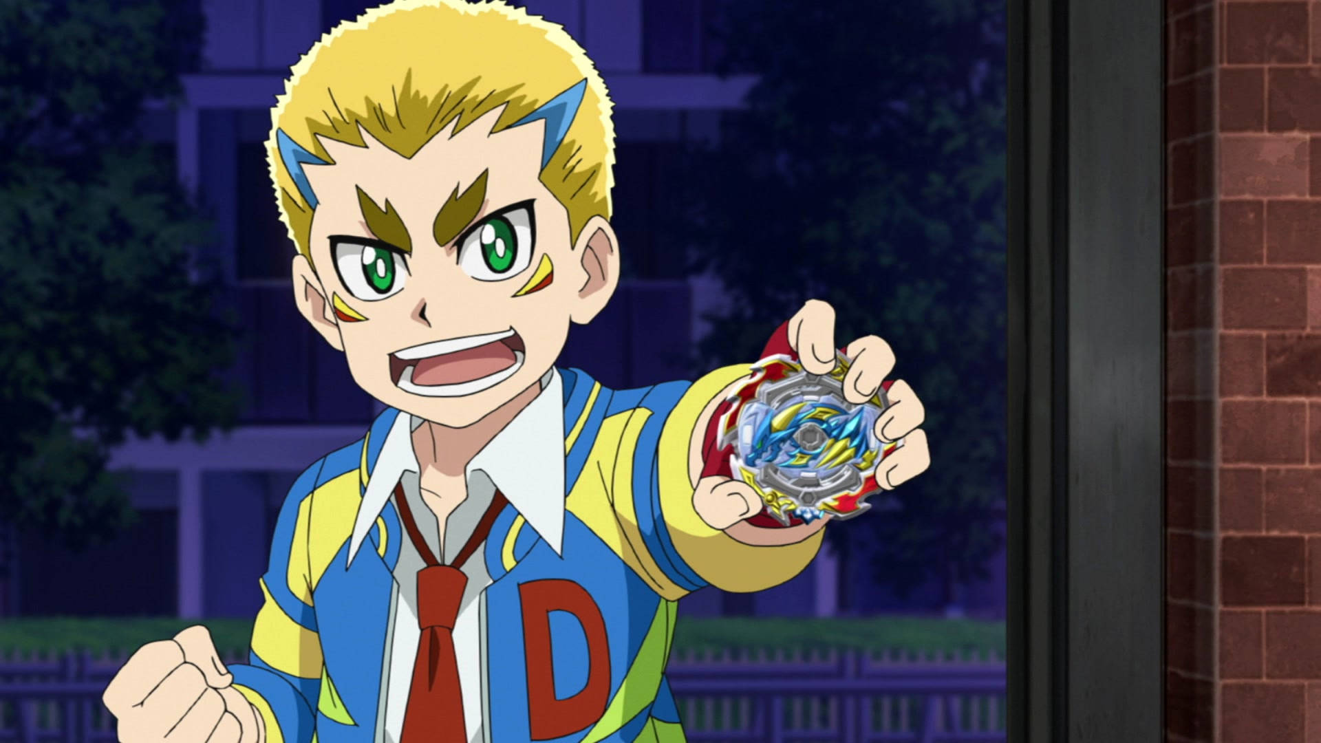 動畫男孩穿著藍黃色外套在夜晚拿著Beyblade