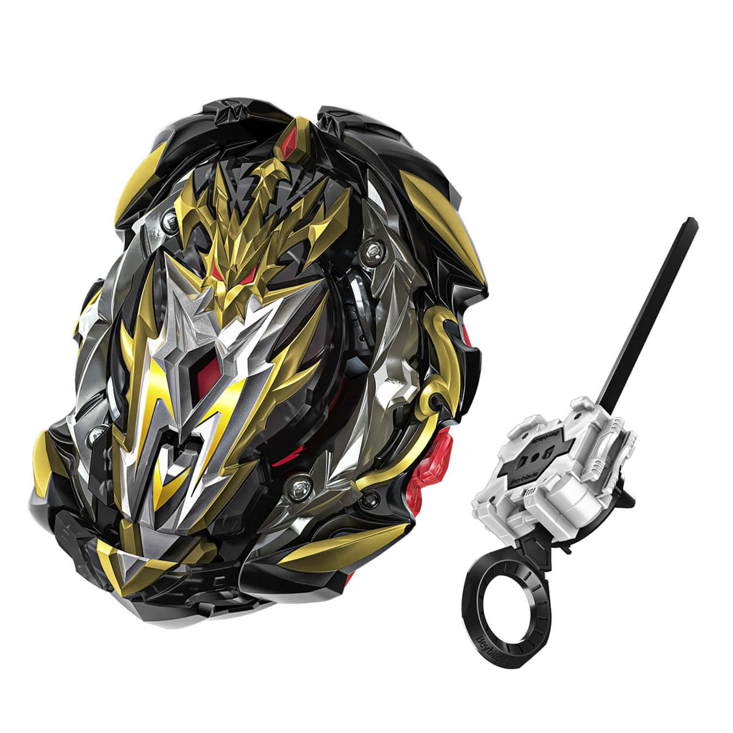 白色背景上帶有發射器的詳細Beyblade玩具