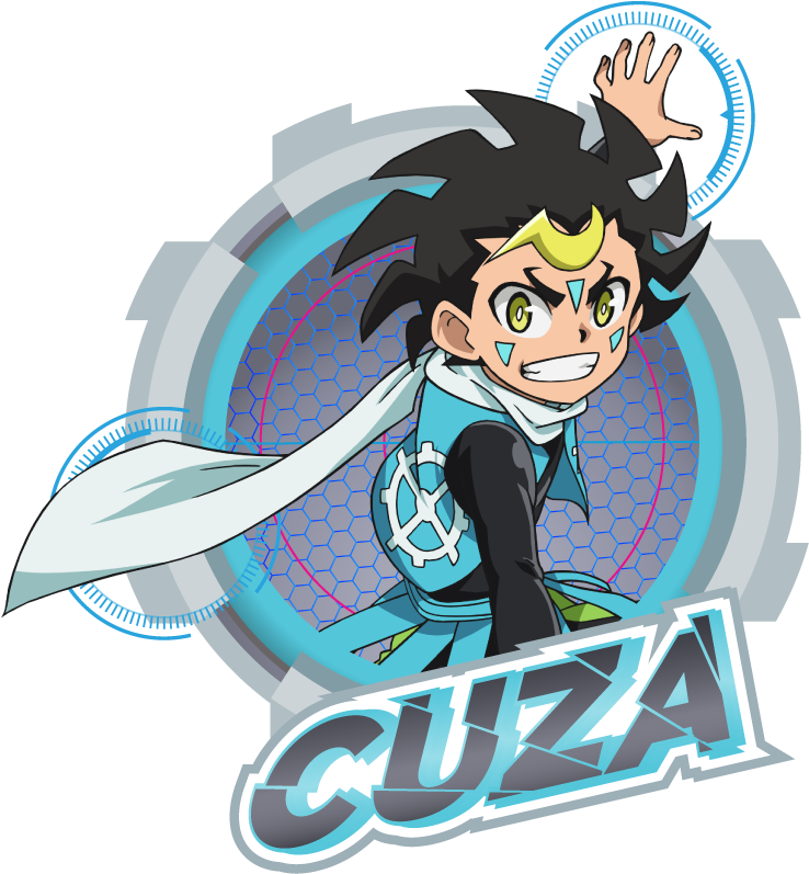 Beyblade 角色 Cuza Ackermann 壁紙 — 動漫角色Cuza以動態姿勢呈現，擁有尖刺黑髮和發光的綠色眼睛，背景為未來風格的六邊形圖案。