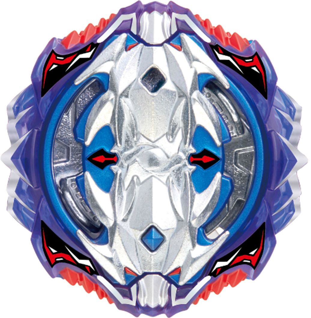 Beyblade 遊戲陀螺玩具 壁紙 — 一個金屬藍、紅和銀色的Beyblade，具有尖銳的棱角設計和發光的紅色眼睛，背景為黑色。