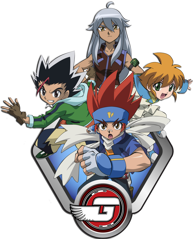 Beyblade 隊伍：Gingka與朋友們 壁紙 — 四個動漫角色以動態姿勢圍繞一個帶有風格化G標誌的盾牌徽章。