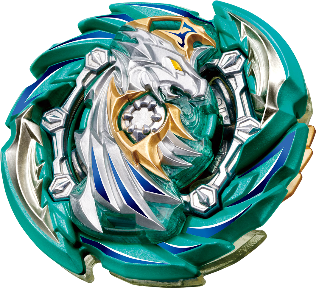 Beyblade 飛行陀螺玩具 壁紙 — 一個詳細的金屬Beyblade，帶有青綠色、銀色和金色的龍頭設計，背景為黑色。