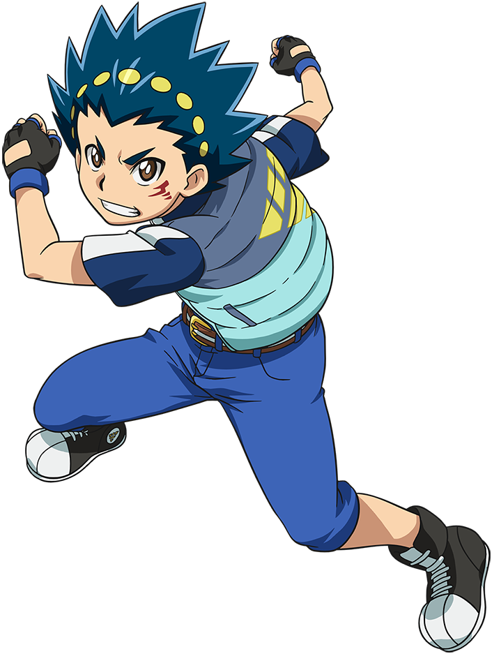 Beyblade動畫角色動作 壁紙 — 一個決心堅定的動畫男孩，擁有尖刺的藍色頭髮和黃色圓點，在黑色背景前以動態姿勢向前衝刺。