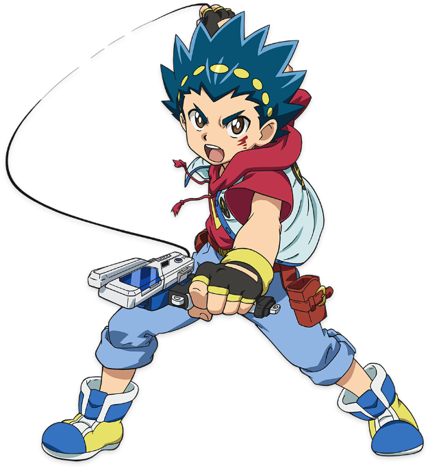 Beyblade動畫角色發射陀螺 壁紙 — 一個堅定的動畫男孩，擁有尖刺的藍色頭髮，在動態戰鬥姿勢中揮舞著未來武器。