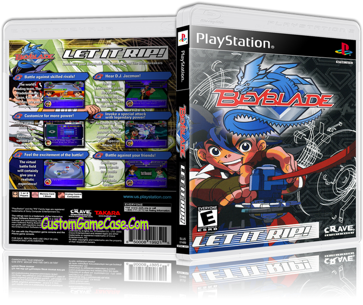 Beyblade PlayStation遊戲盒 壁紙 — 一個充滿活力的PlayStation遊戲盒，用於Beyblade Let It Rip!，上面有一個微笑的動畫男孩發射帶有藍色龍圖案的陀螺。