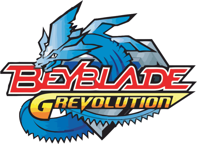 Beyblade Revolution標誌 壁紙 — 一個動感十足的藍色龍標誌，用於Beyblade G Revolution，黑色背景上帶有粗體的紅色和黃色文字。