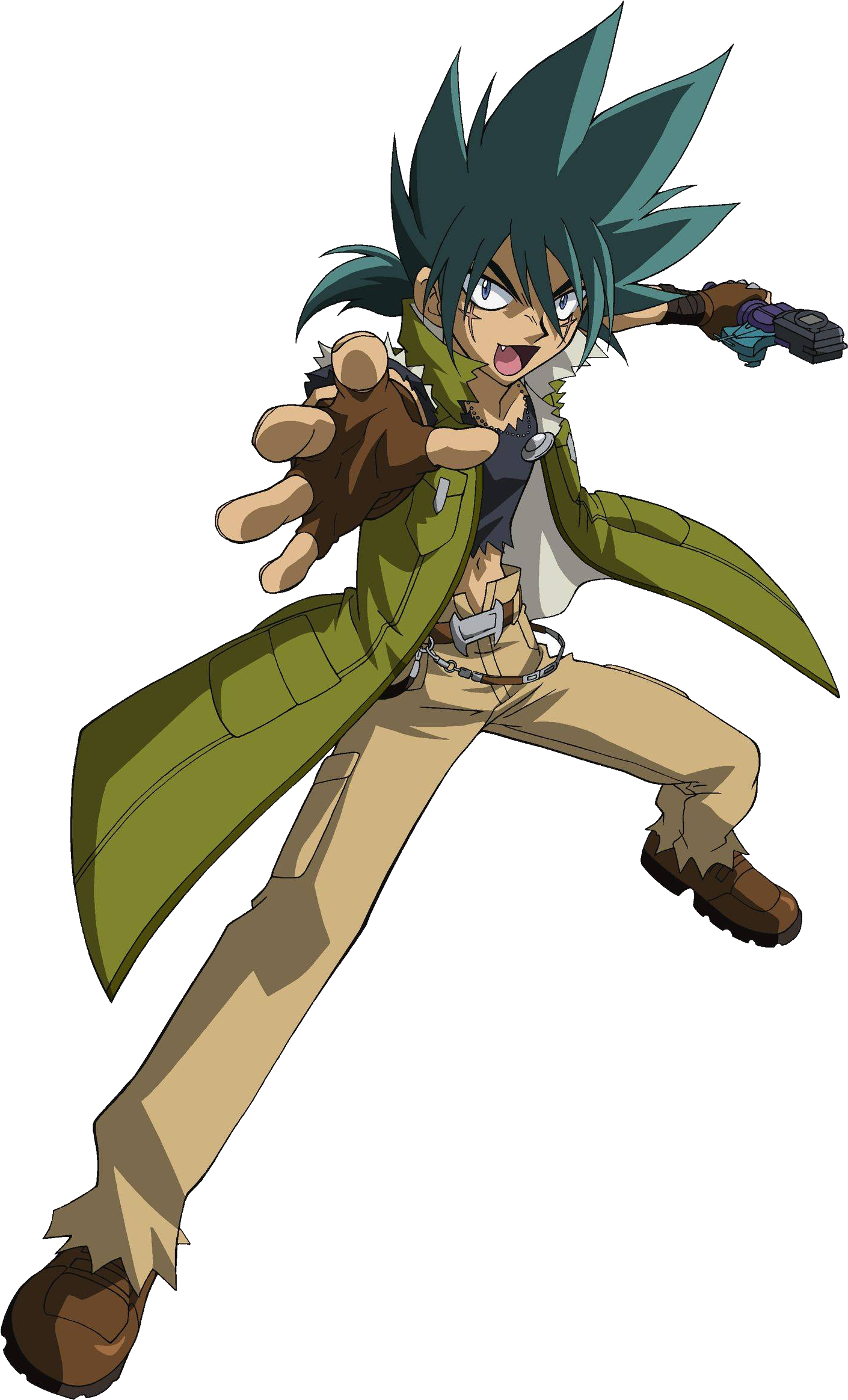 Beyblade動畫角色動作姿勢 壁紙 — 一個充滿活力的動漫角色，擁有尖刺的藍綠色頭髮和綠色外套，在黑色背景前以強烈的表情向前衝刺。