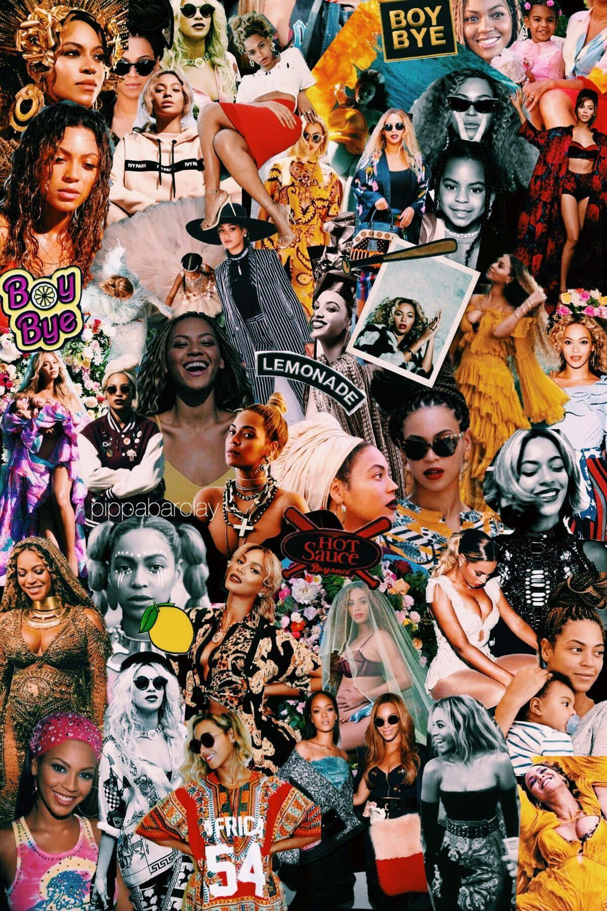 Beyoncé 桌布 壁紙 — Beyoncé 在《Lemonade》時代的多樣造型和姿勢的充滿活力的拼貼畫，周圍環繞著粗體文字和色彩繽紛的視覺效果。